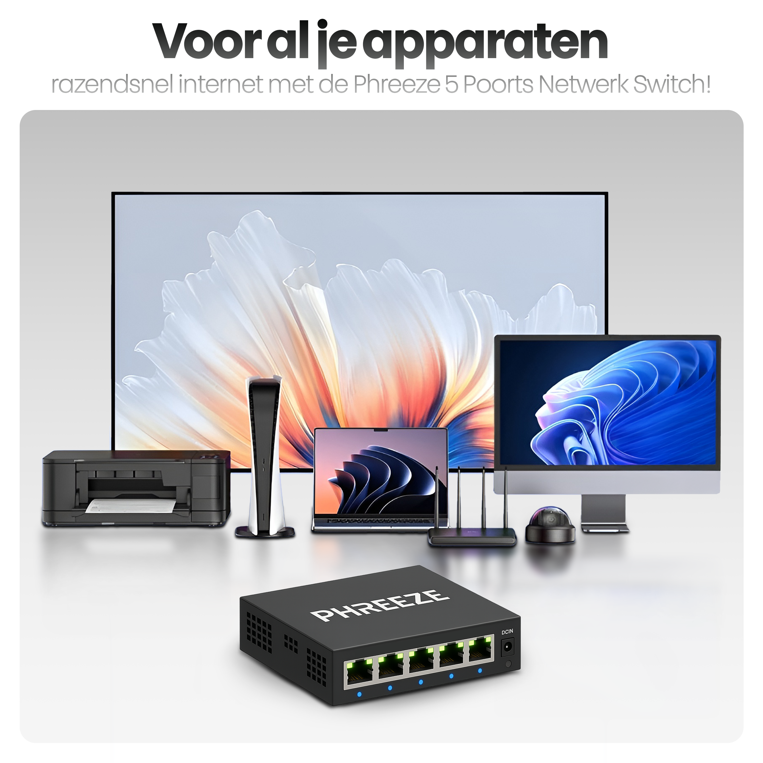 Image shows a Phreeze network switch with various devices: printer, PS5, laptop, router, monitor, and security camera.