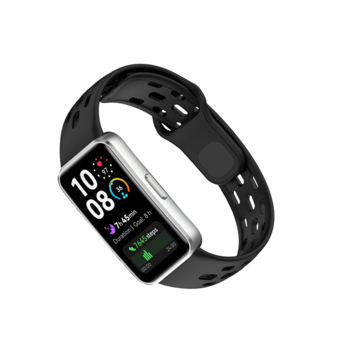 È visualizzato uno smartwatch con cinturino nero. Lo schermo mostra l'ora, la frequenza cardiaca e le statistiche dell'attività.