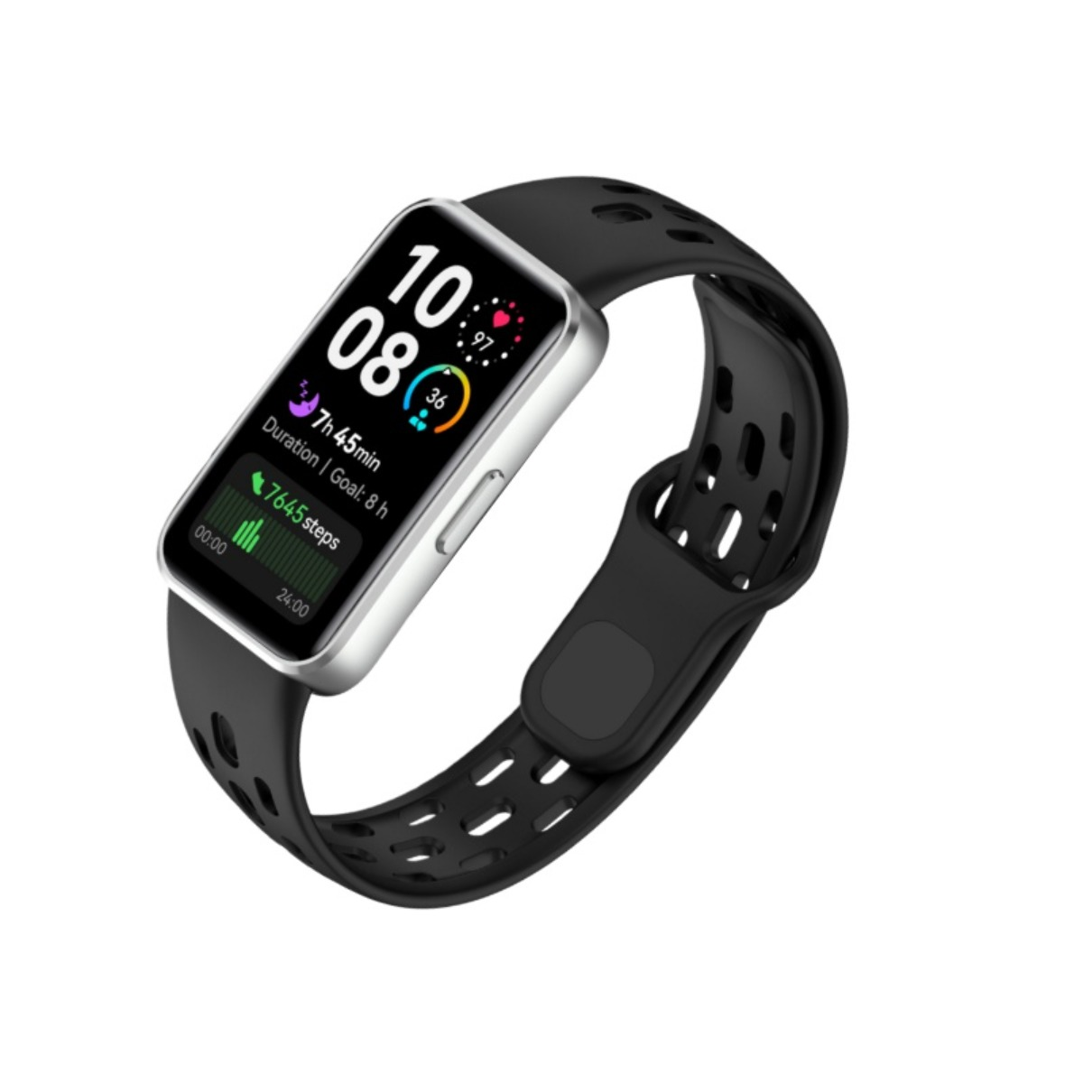 Uno smartwatch nero mostra tempo, passi e durata. L'orologio ha una cornice argentata e un cinturino nero con fori. Lo sfondo è bianco.
