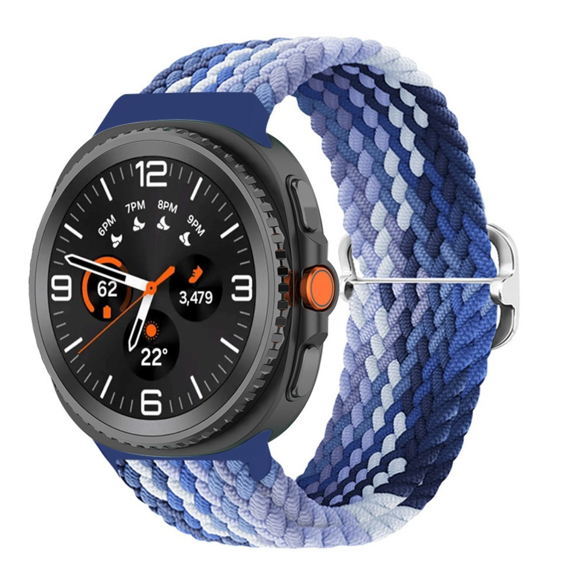 Uno smartwatch con cinturino intrecciato blu e bianco. Il quadrante è nero con dettagli arancioni e mostra l'ora e le statistiche.