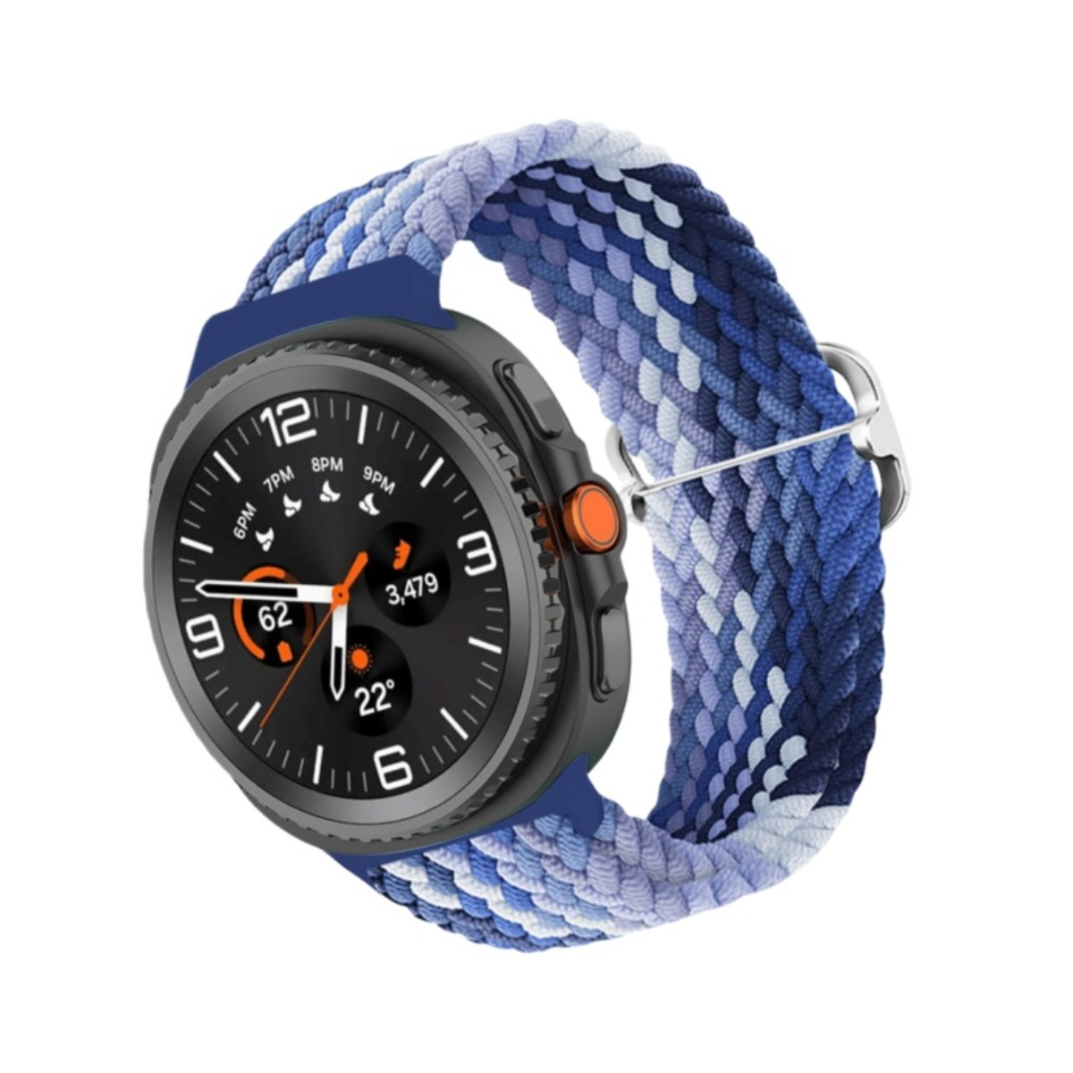 Uno smartwatch con quadrante nero e cinturino intrecciato blu e bianco. L'orologio ha dettagli arancioni e un display digitale.