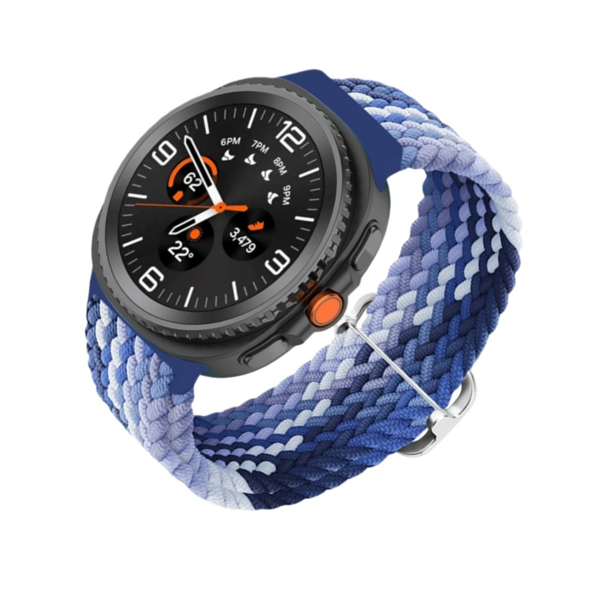 Uno smartwatch con un cinturino intrecciato blu e bianco. Il quadrante è nero con dettagli bianchi e arancioni. Lo sfondo è bianco.