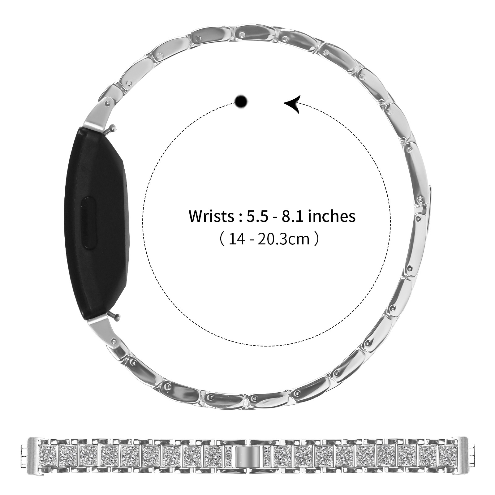 Ein silbernes Armband mit schwarzem Zifferblatt. Text zeigt Handgelenkgrößen und Maße an.