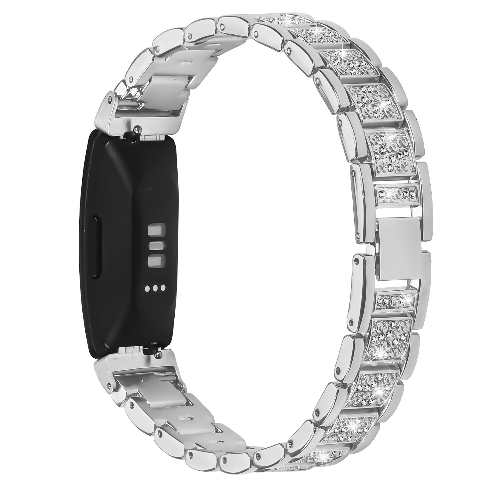 Ein silbernes Smartwatch-Armband mit schwarzem Zifferblatt. Das Armband besteht aus verbundenen Segmenten, einige mit Kristallen.