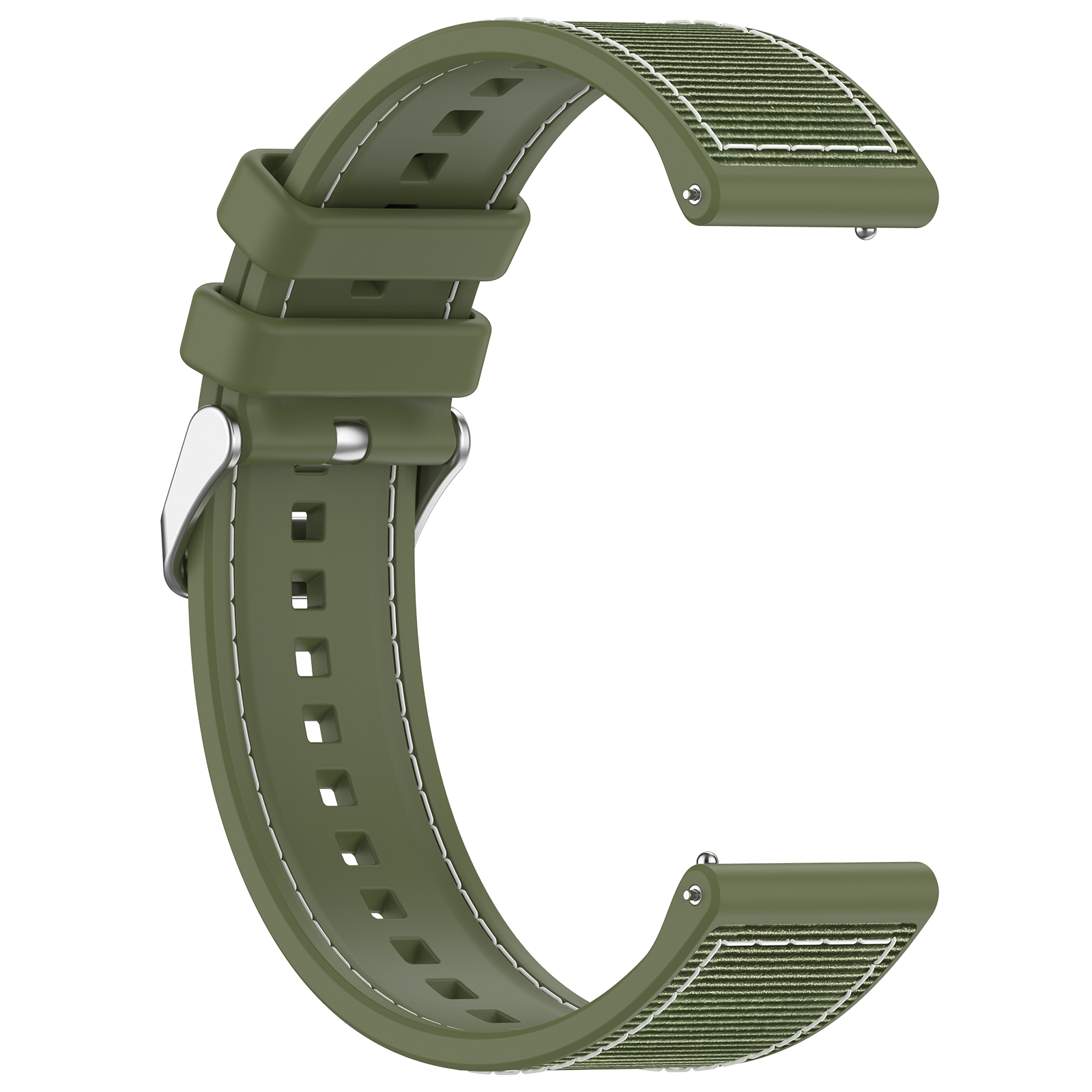 Un cinturino verde oliva con cuciture bianche. Il cinturino presenta una sezione in tessuto e una chiusura in metallo.