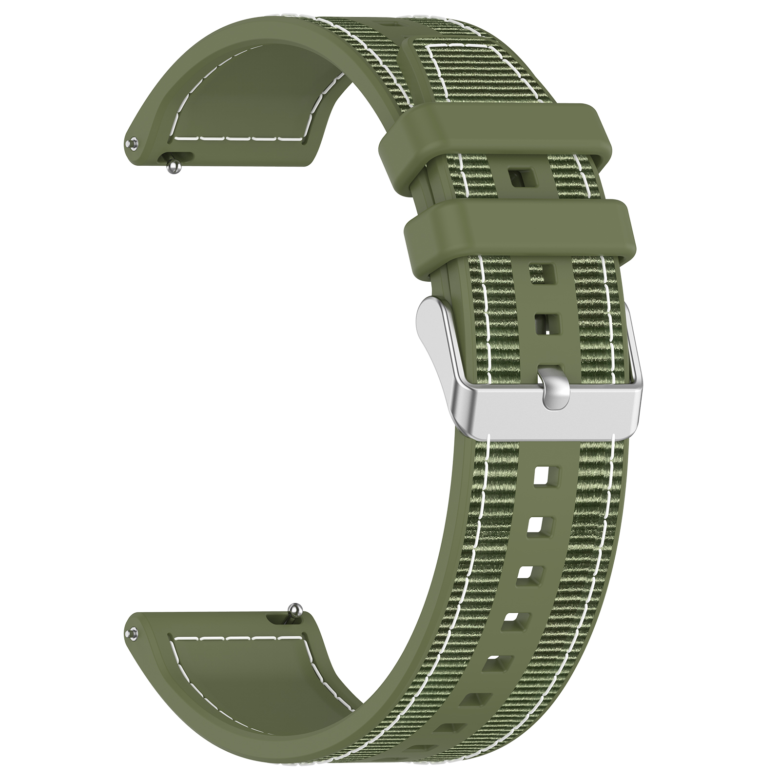 Cinturino verde con cuciture bianche e fibbia argentata su sfondo bianco.