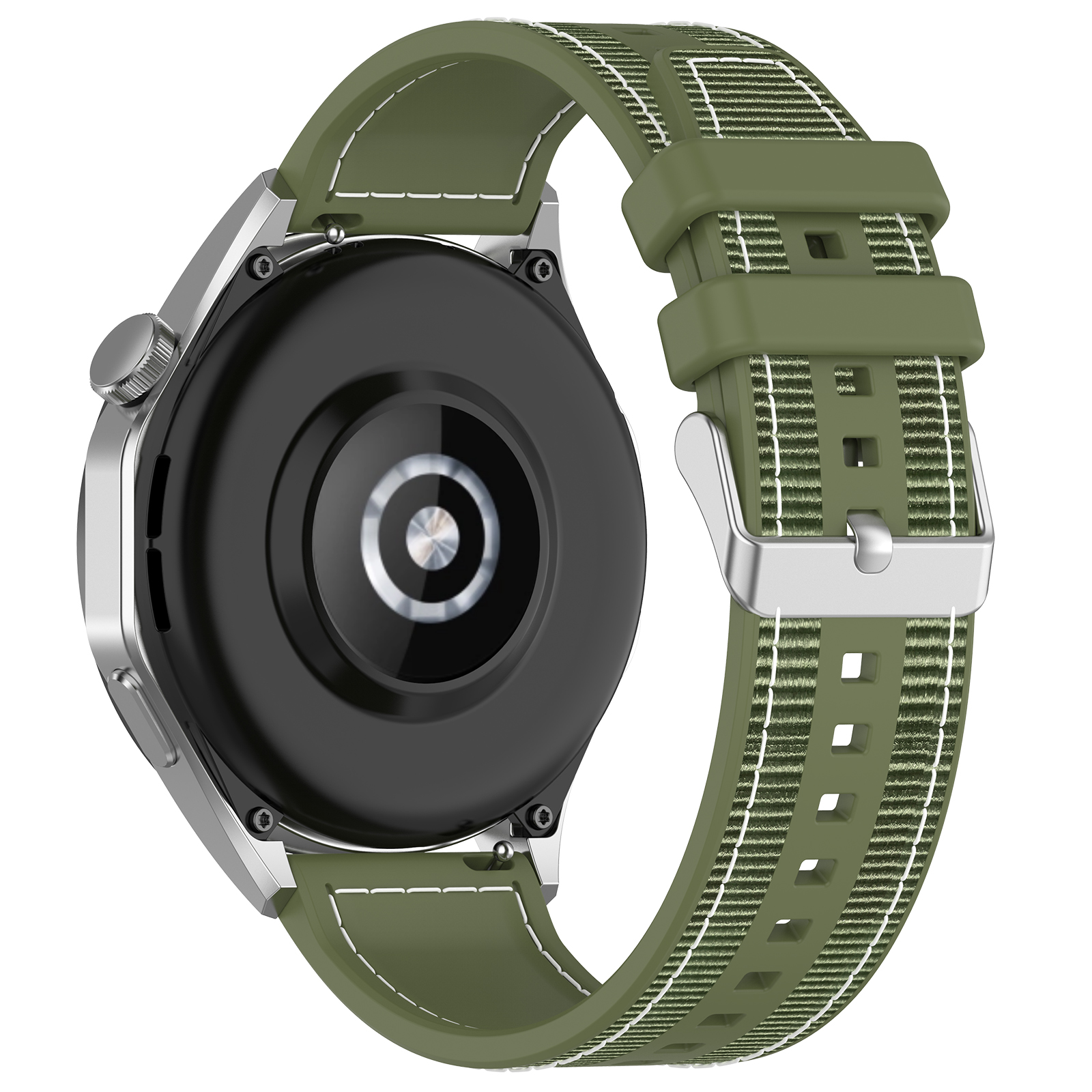 Uno smartwatch con cinturino verde. L'orologio ha un retro nero e una cassa argentata. Il cinturino ha un motivo a righe.