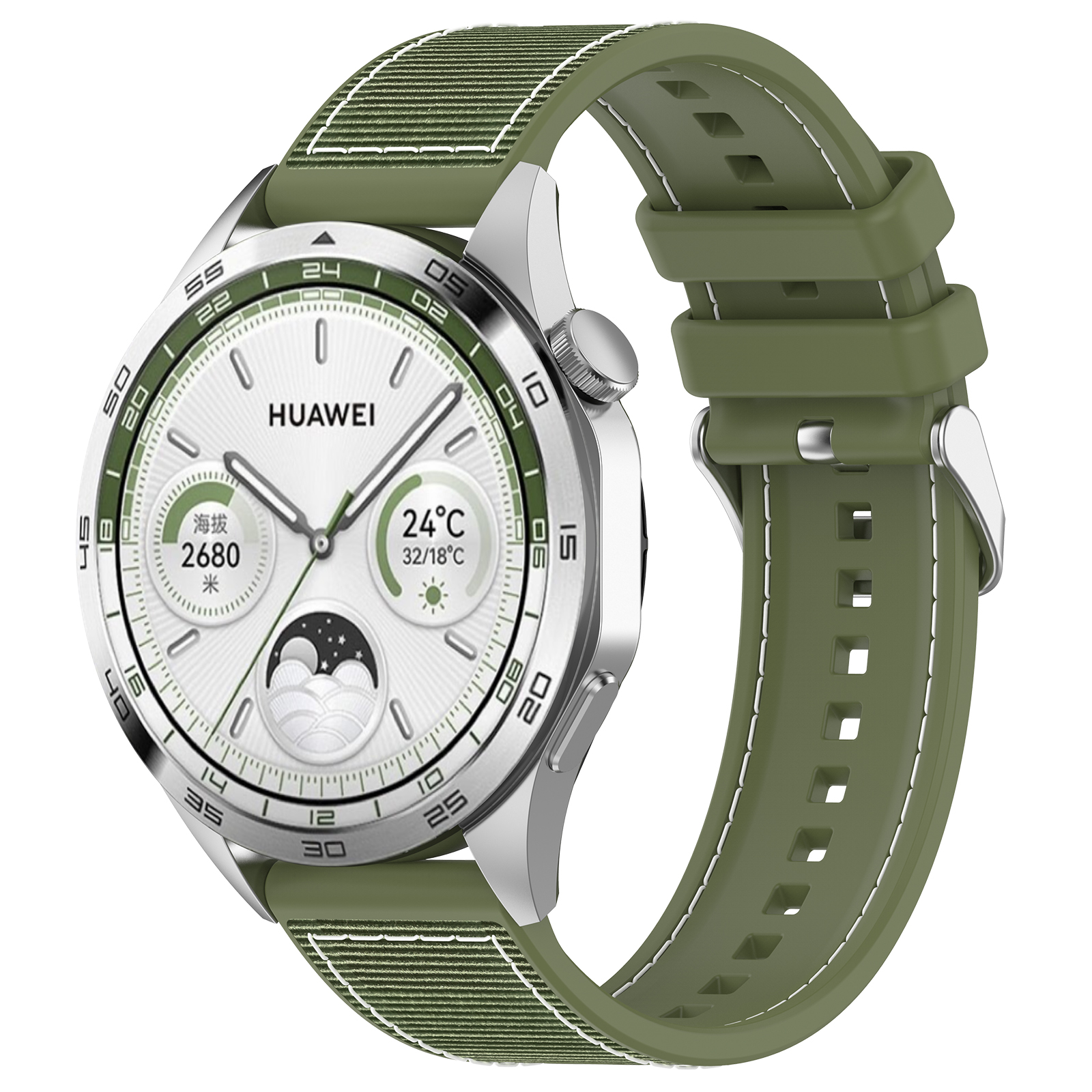 Uno smartwatch Huawei con quadrante bianco, lancette verdi e cinturino verde. L'orologio mostra data, ora e temperatura.