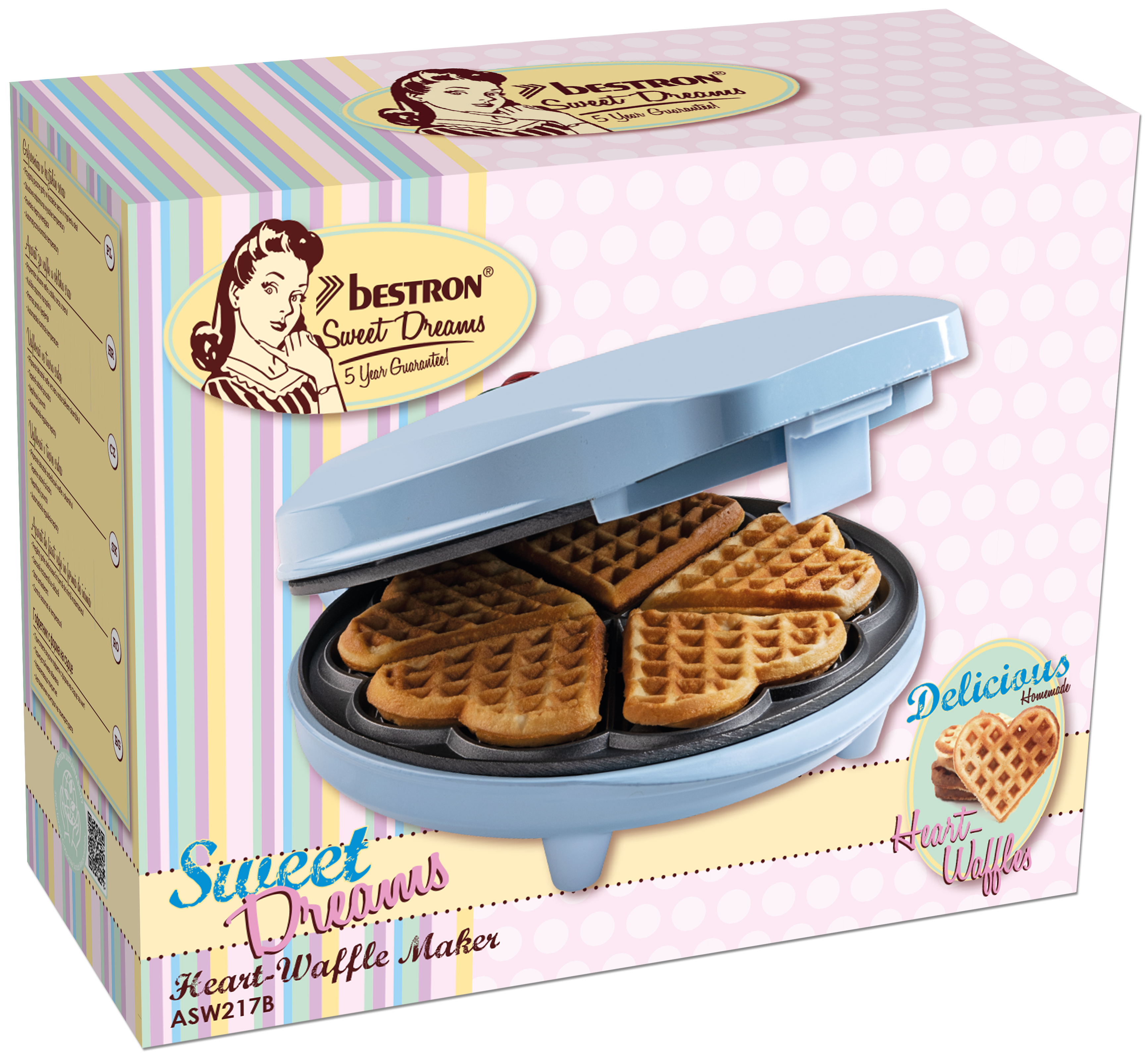 Una scatola con una macchina per waffle. La macchina è blu, con waffle a forma di cuore. La scatola ha testo e una signora retrò.