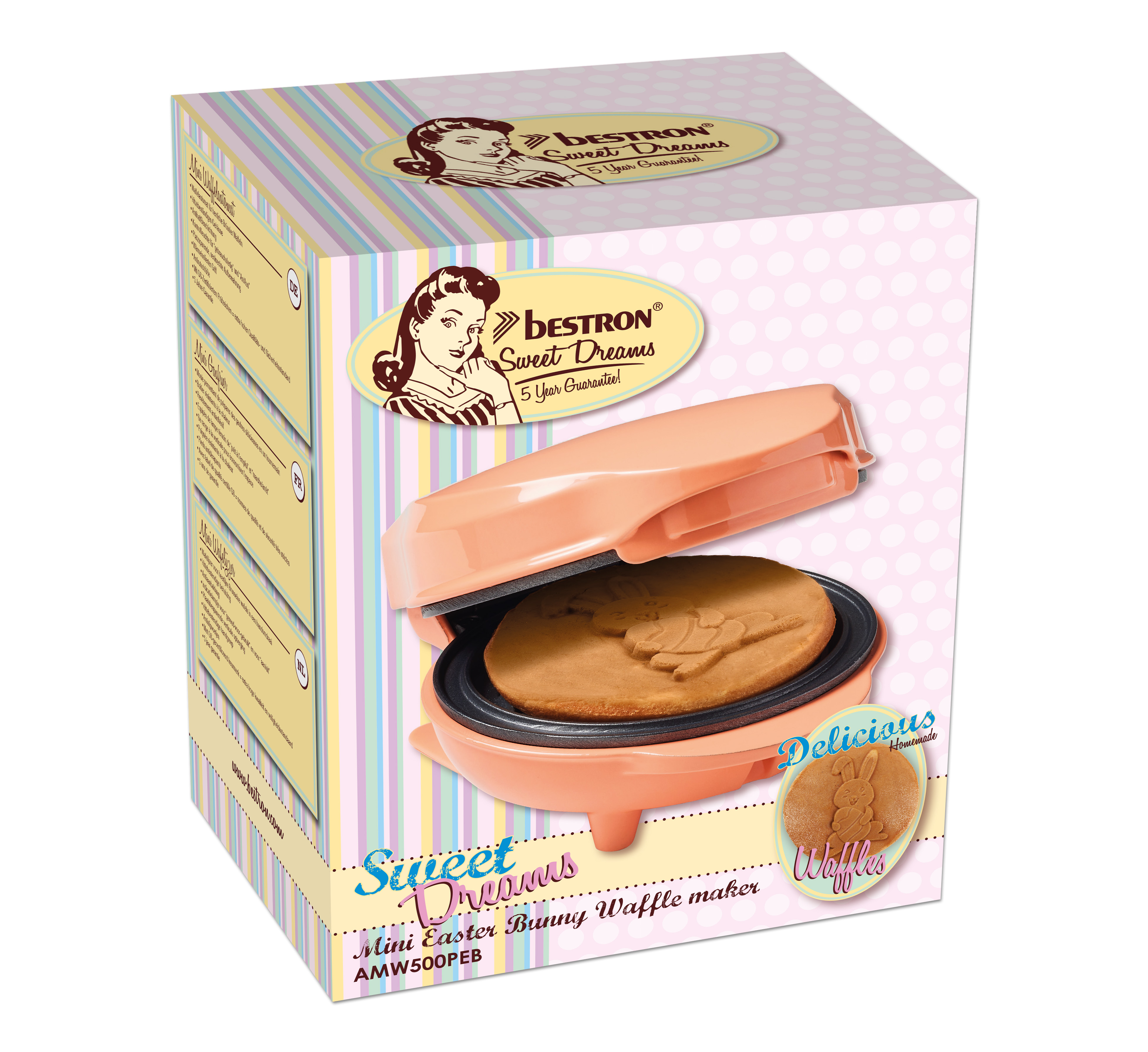 A box with a waffle maker. It has a cooked bunny-shaped waffle inside. The box has branding and colors.