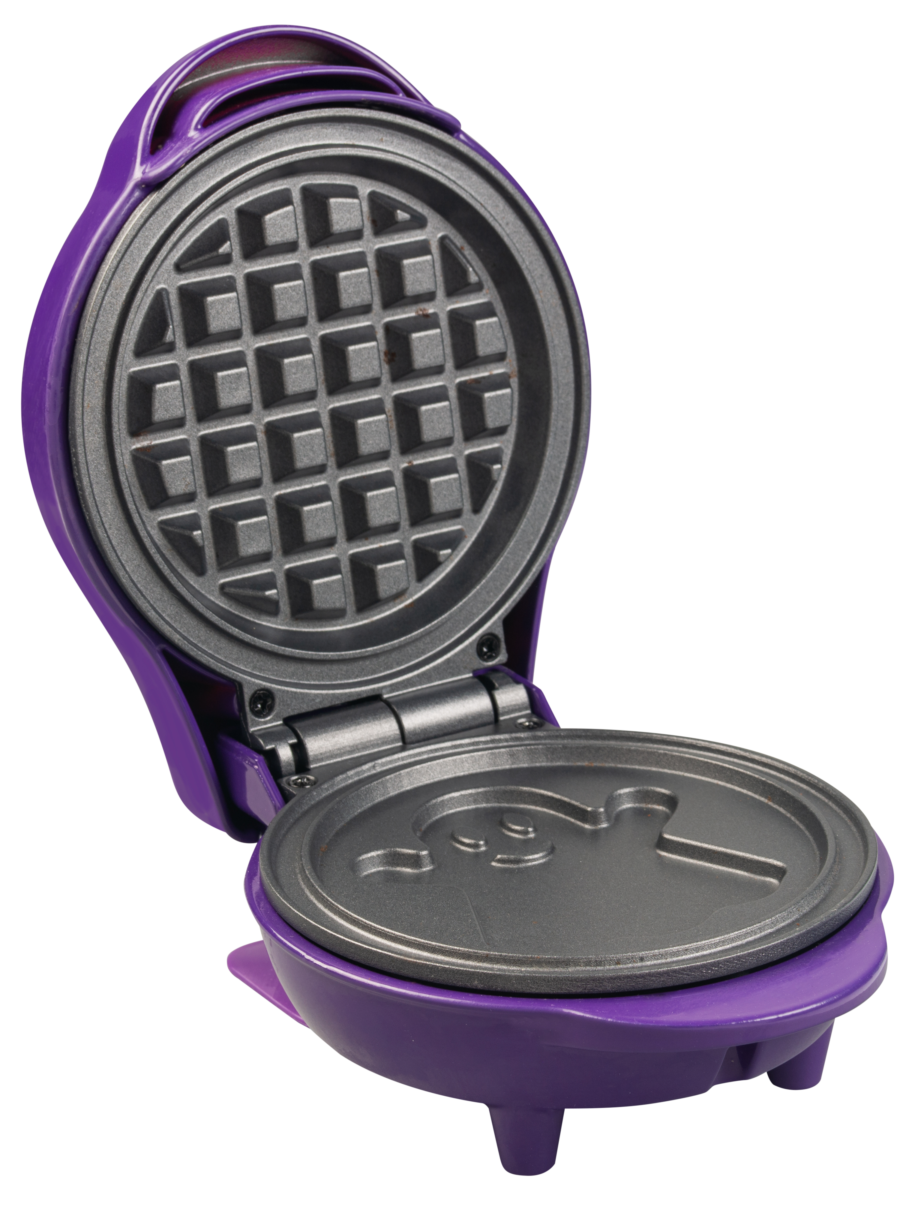 Open purple waffle maker. Top plate has waffle pattern, bottom plate has smiley face shape.