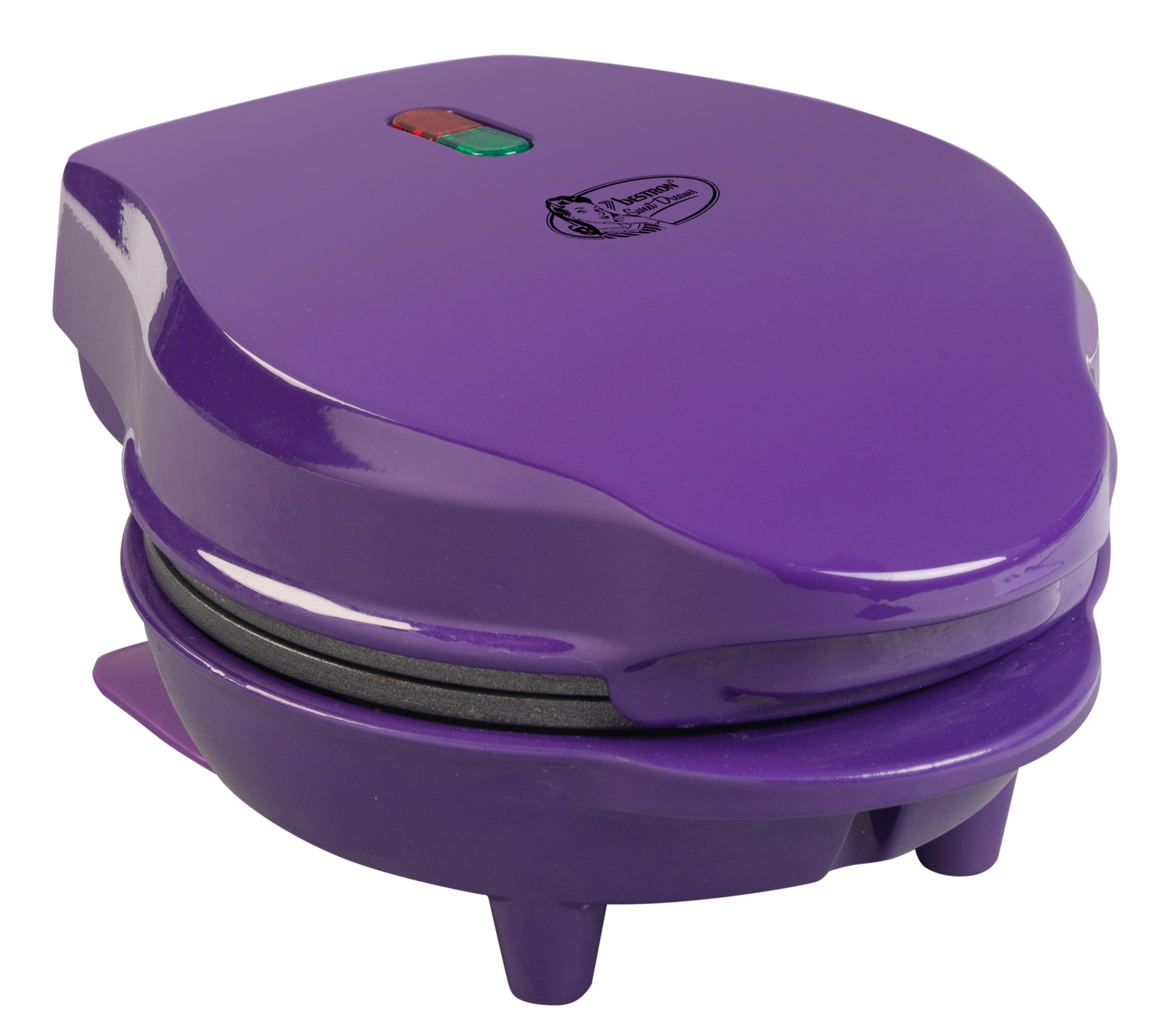 A purple waffle maker on a white background. It has a rounded top with indicator lights and a logo.