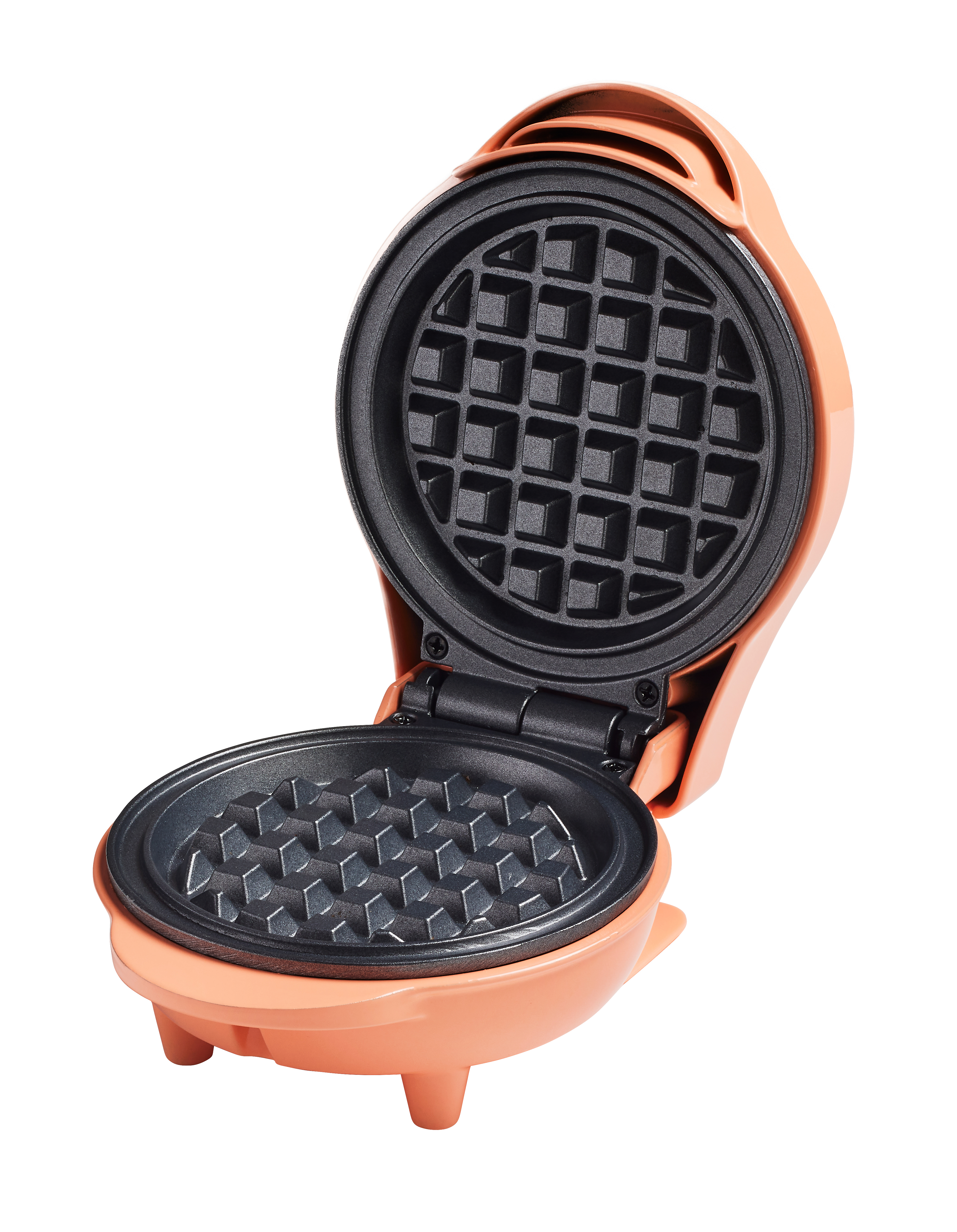 Open peach waffle maker. The interior is black with waffle grids. The exterior has a peach finish.