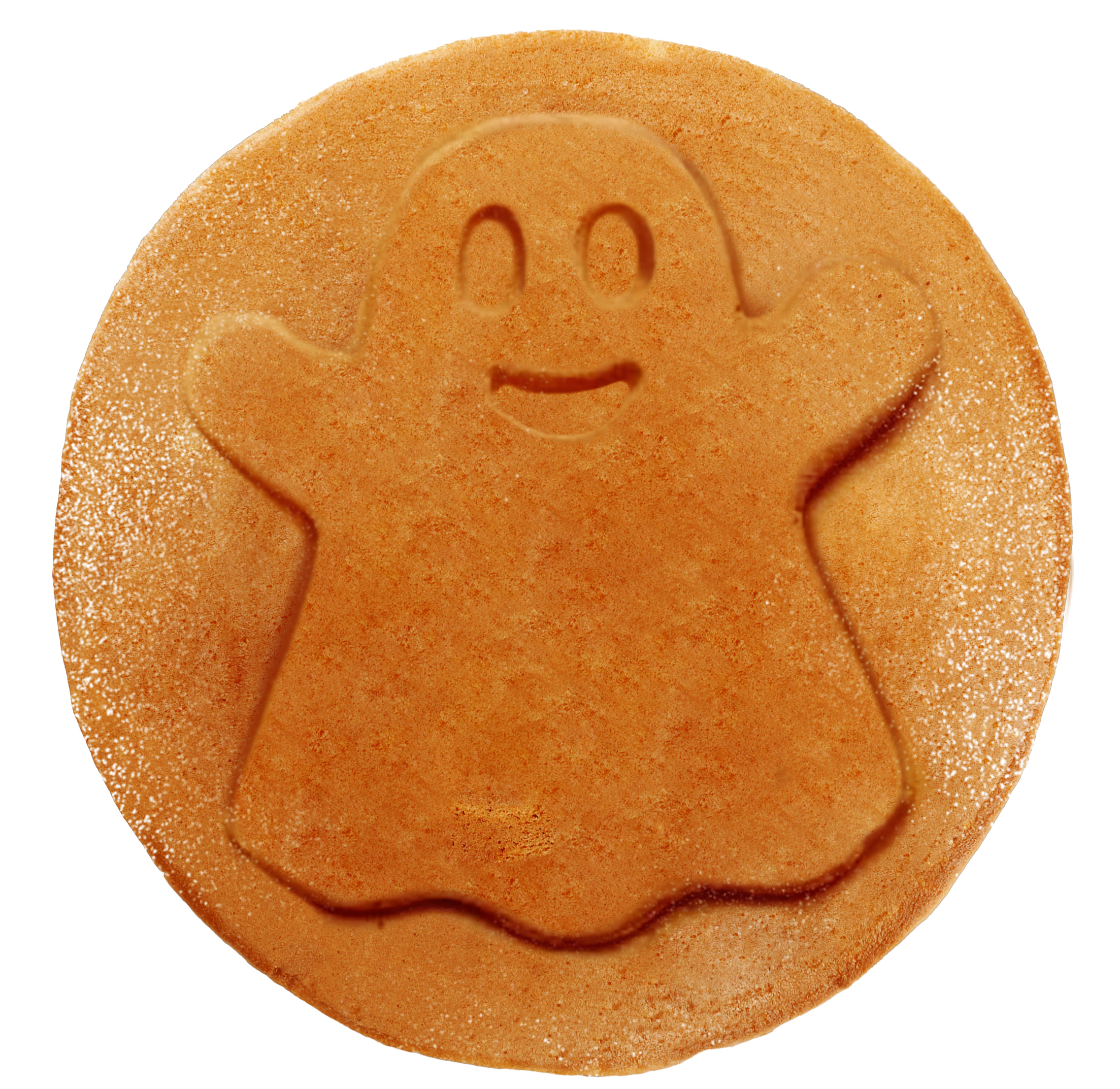 A round, golden-brown cookie with a ghost shape embossed on it. The cookie is on a white background.
