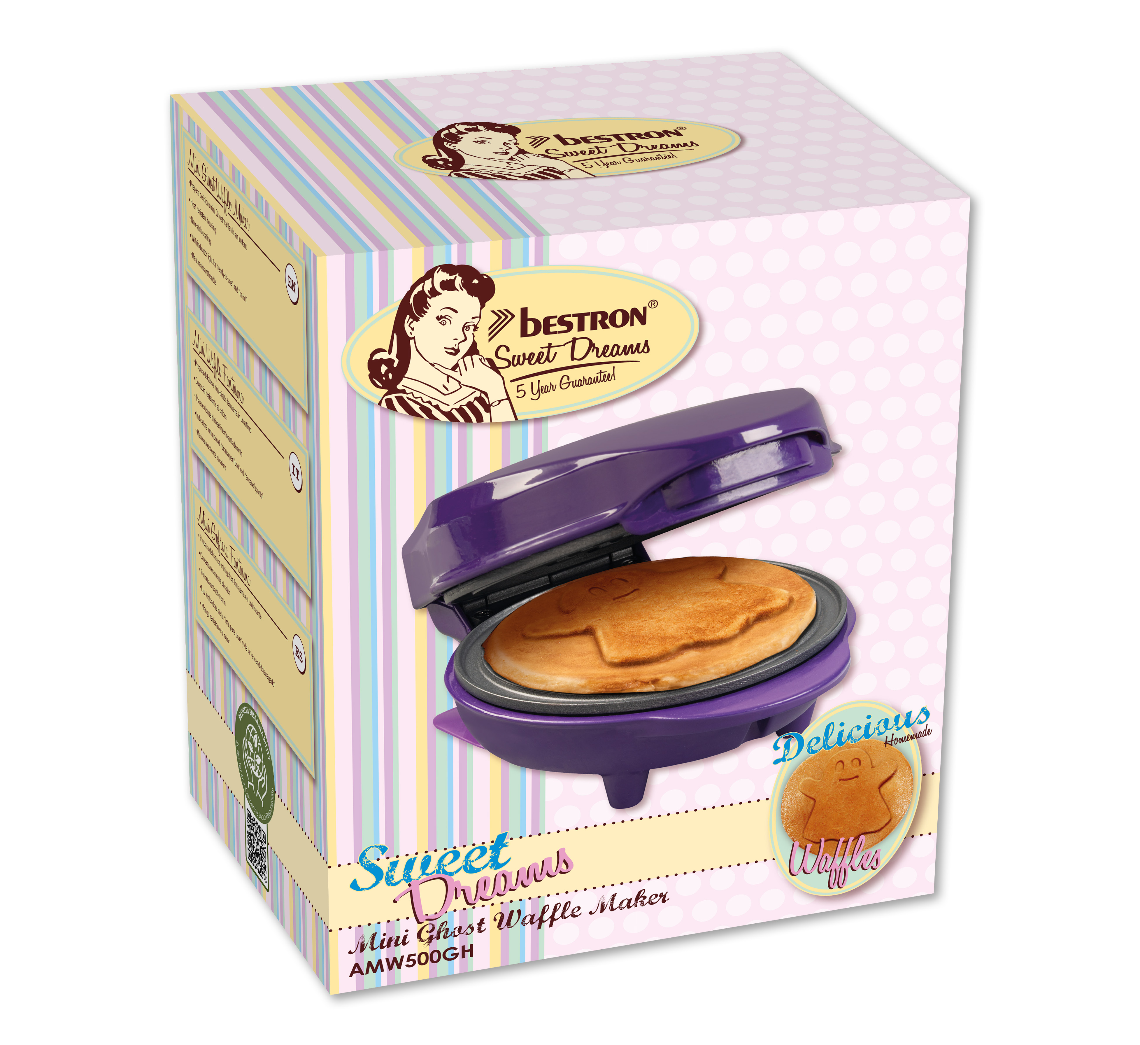 A purple ghost-shaped waffle maker with a waffle inside. The box displays the brand and a lady graphic.