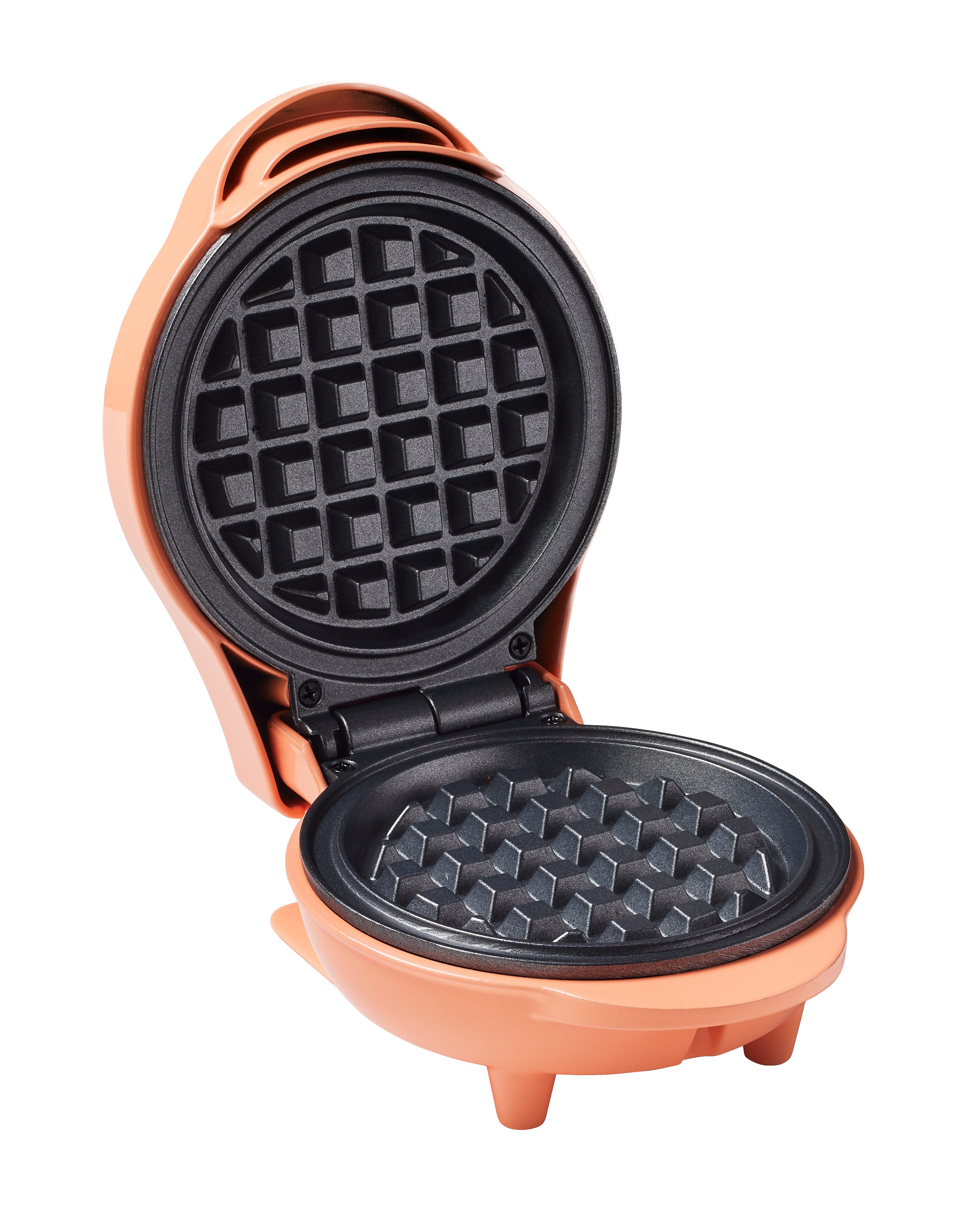 Open peach waffle maker. The top is open, revealing the black waffle grids. It is on a white background.