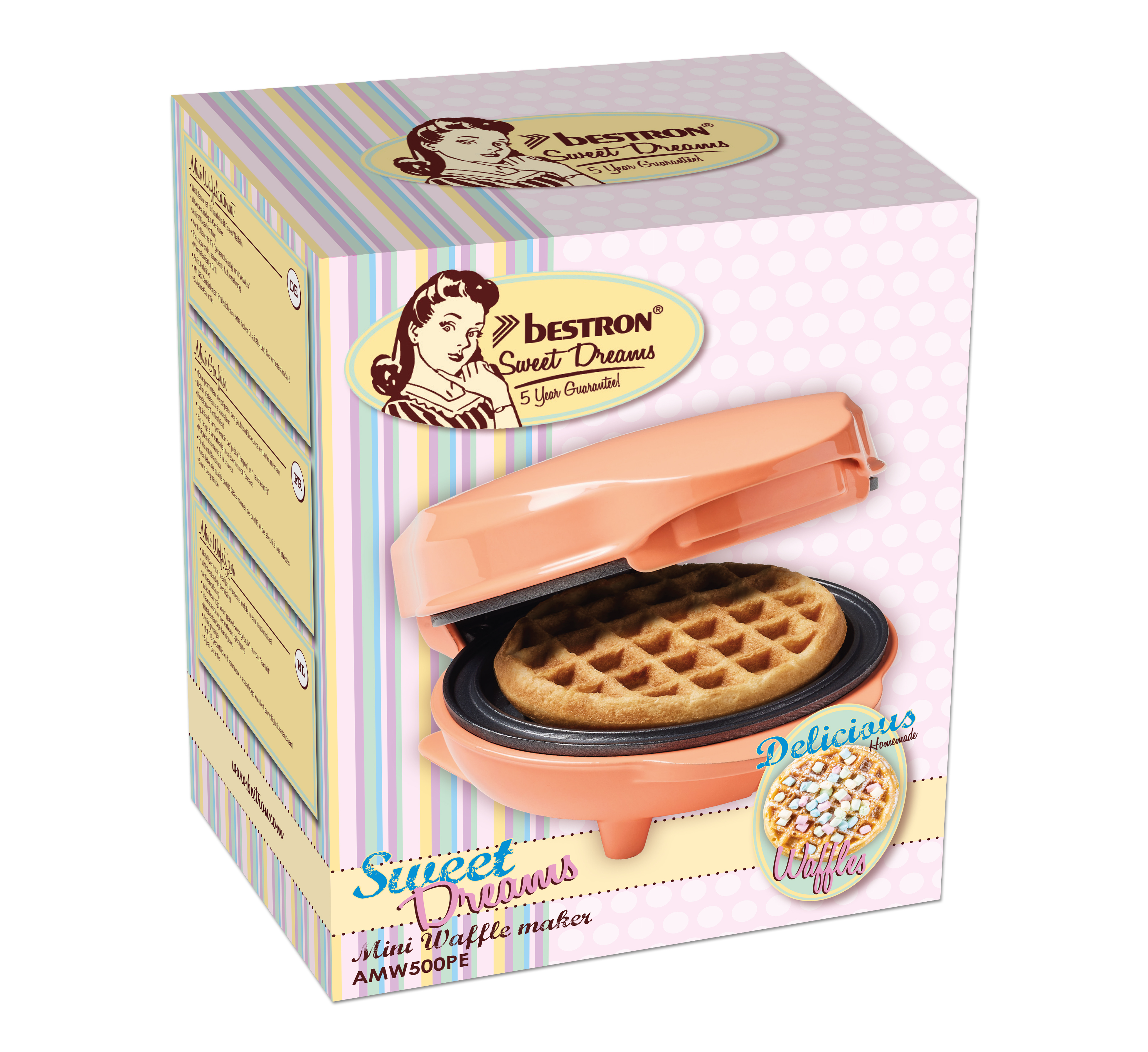 Box with waffle maker. Pink and white box with a waffle iron inside. Waffle is cooked.