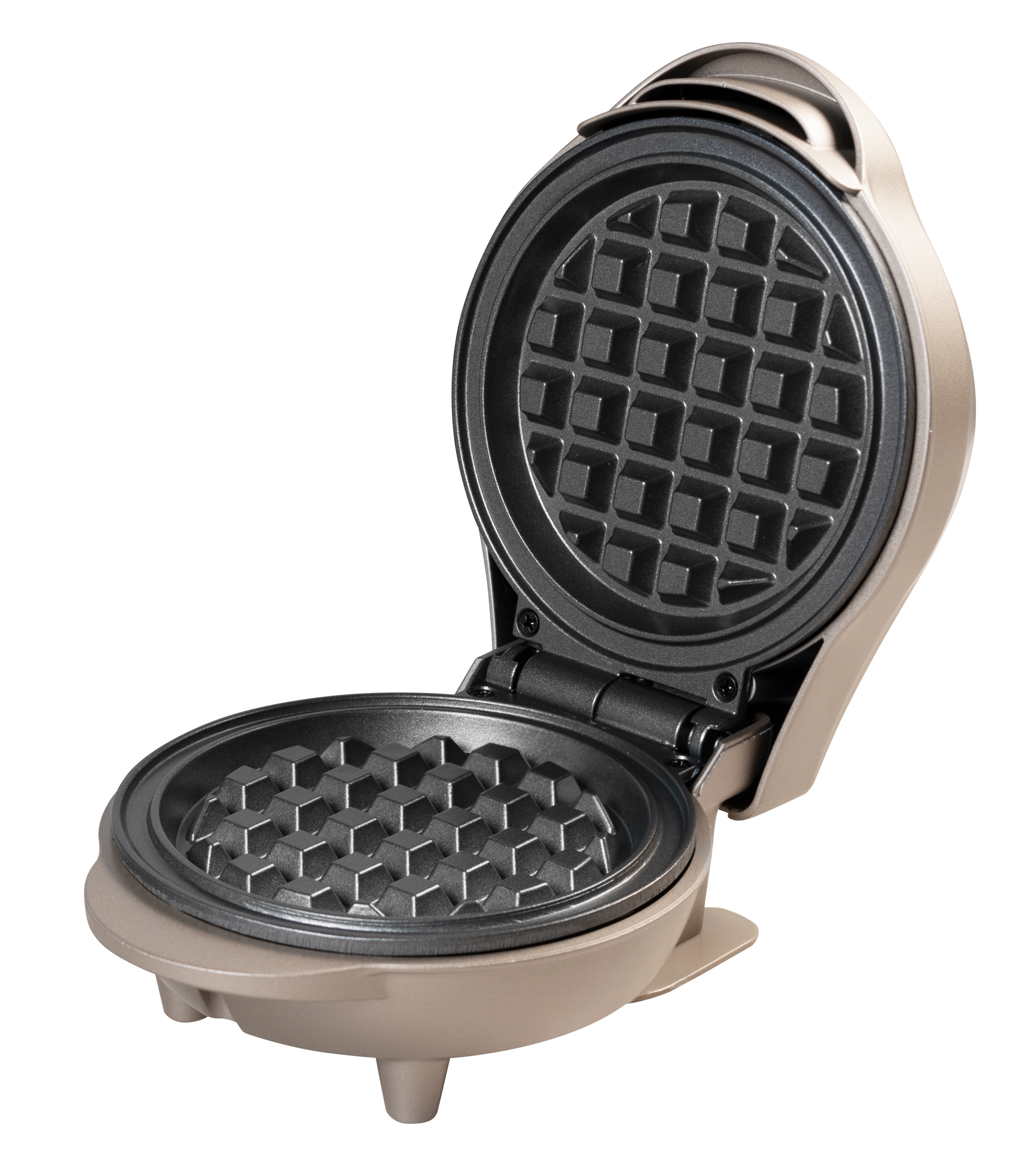 Open waffle maker, beige and gray. The top is open, showing the waffle grid. Isolated on white background.