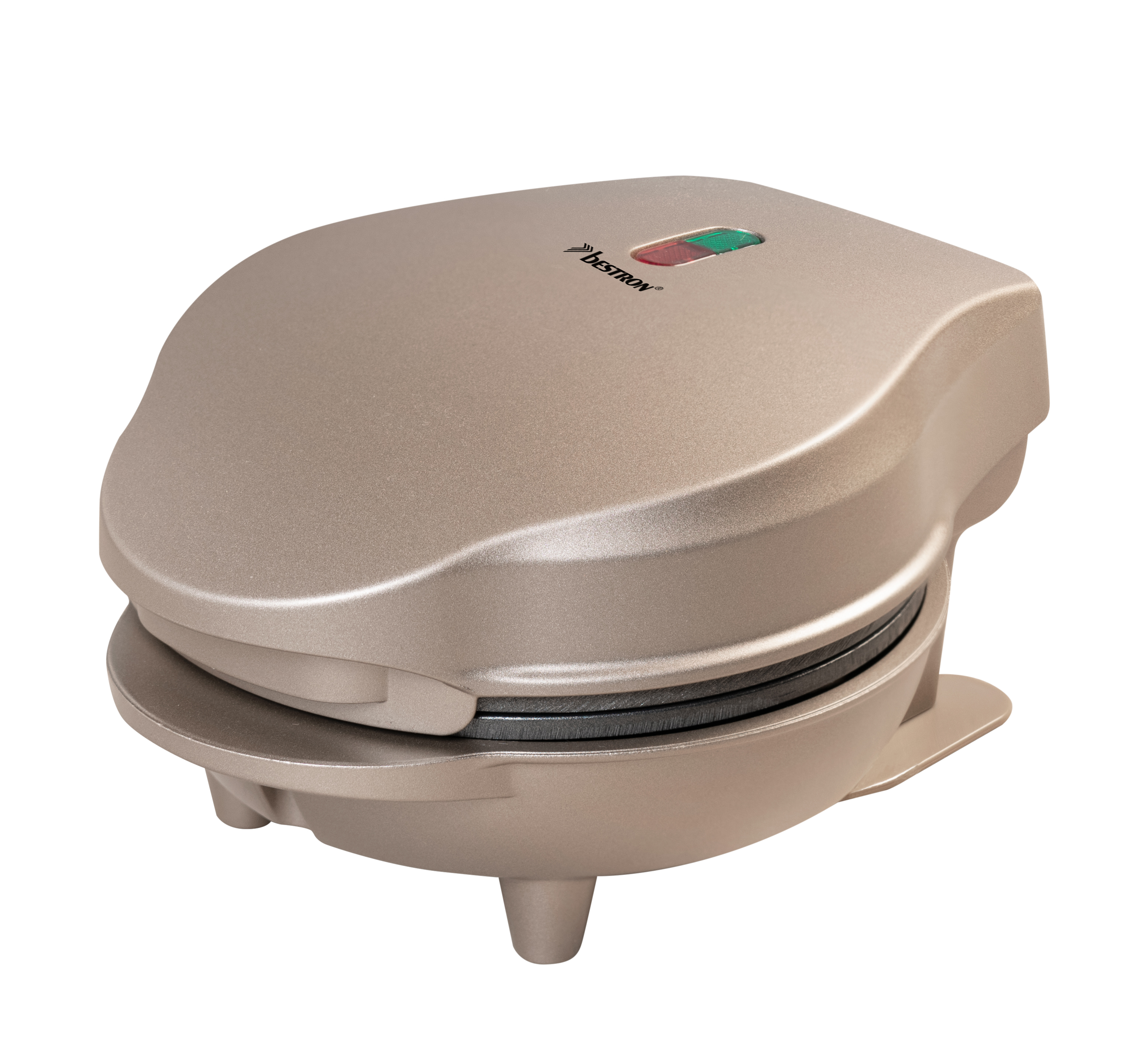 A tan Bestron waffle maker is on a white background. It has green and red lights, and is closed.