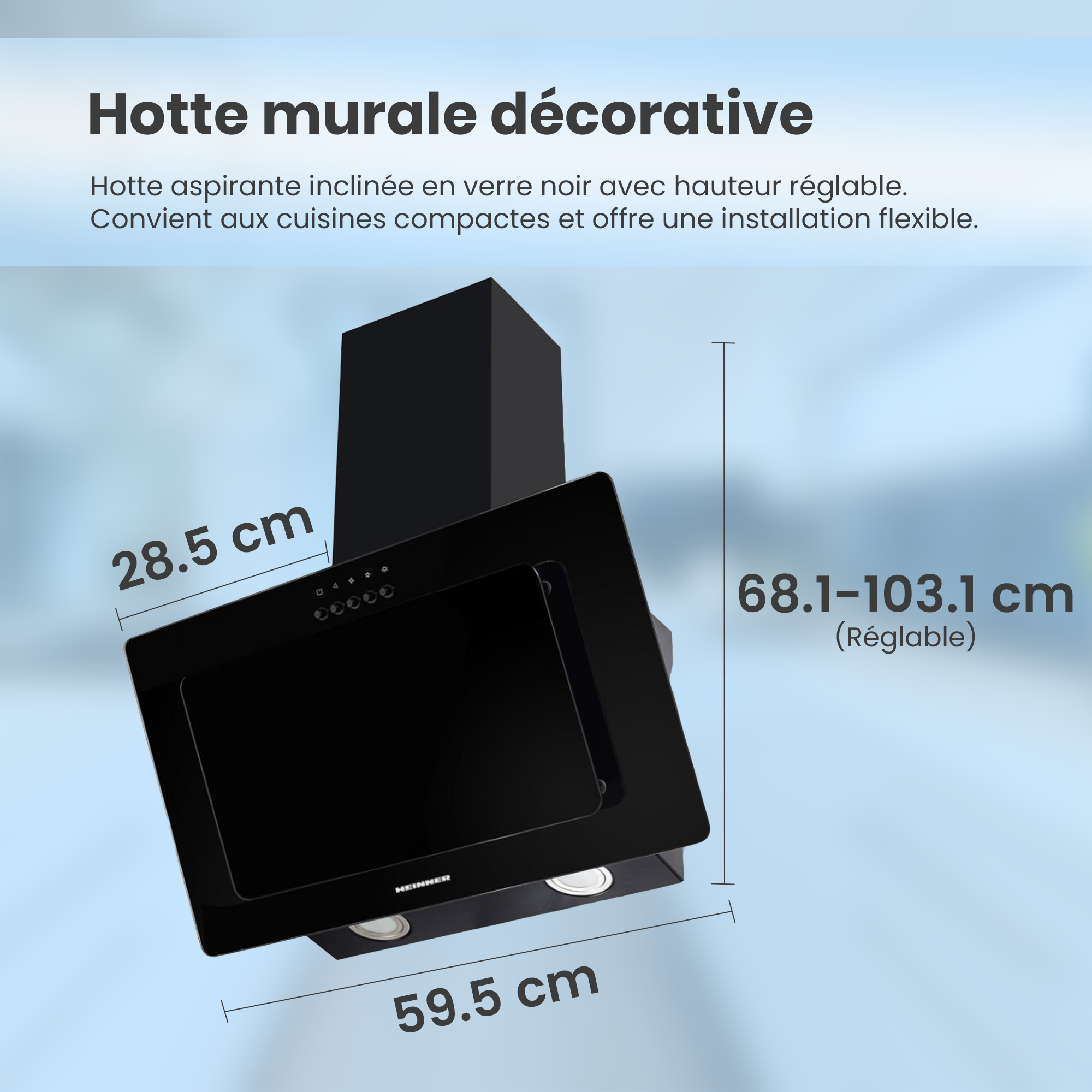 Zwarte schuine afzuigkap met afmetingen. De tekst beschrijft het product als geschikt voor compacte keukens, flexibele installatie.