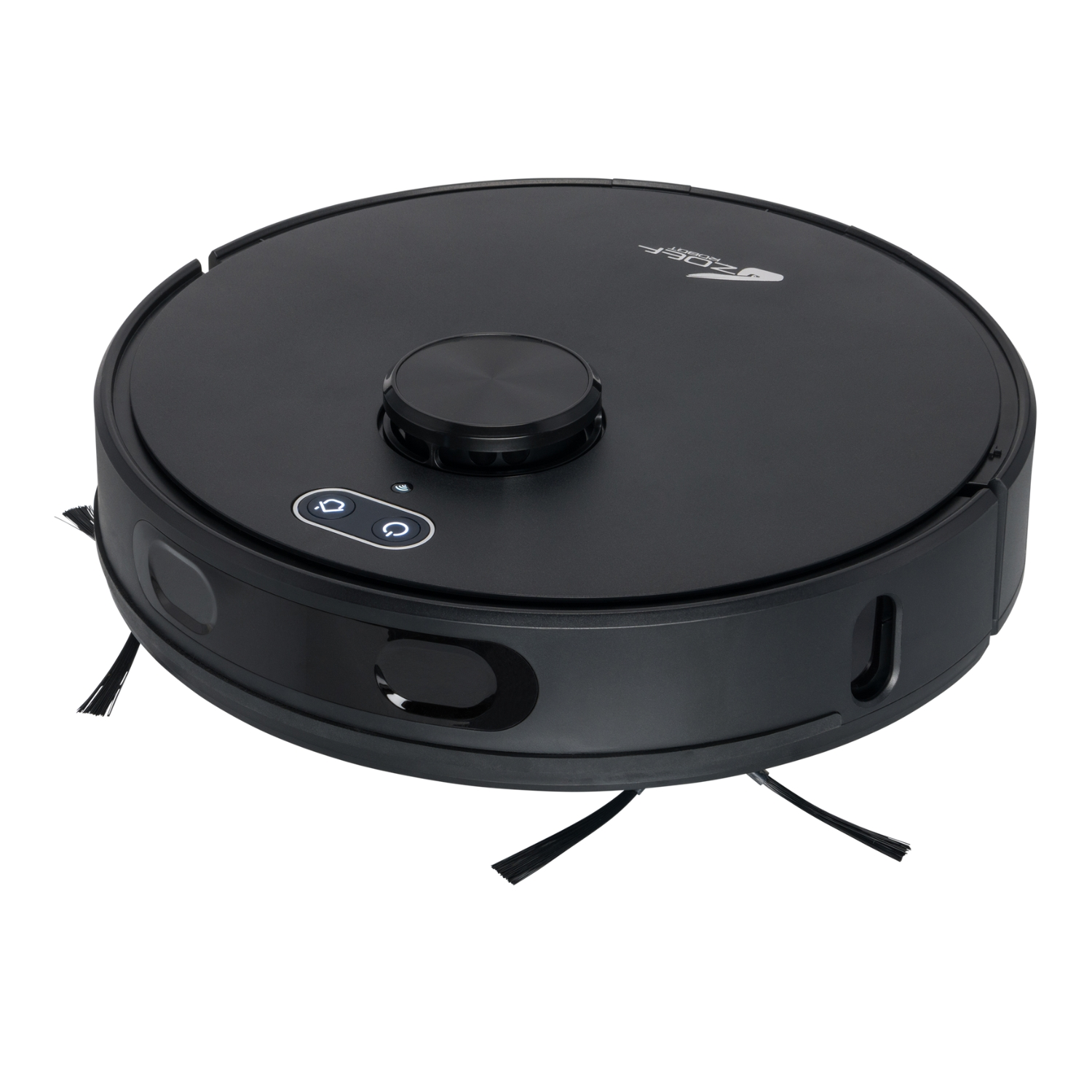 A black ZOEER robot vacuum cleaner on a white background. It has a round shape and a top control panel.
