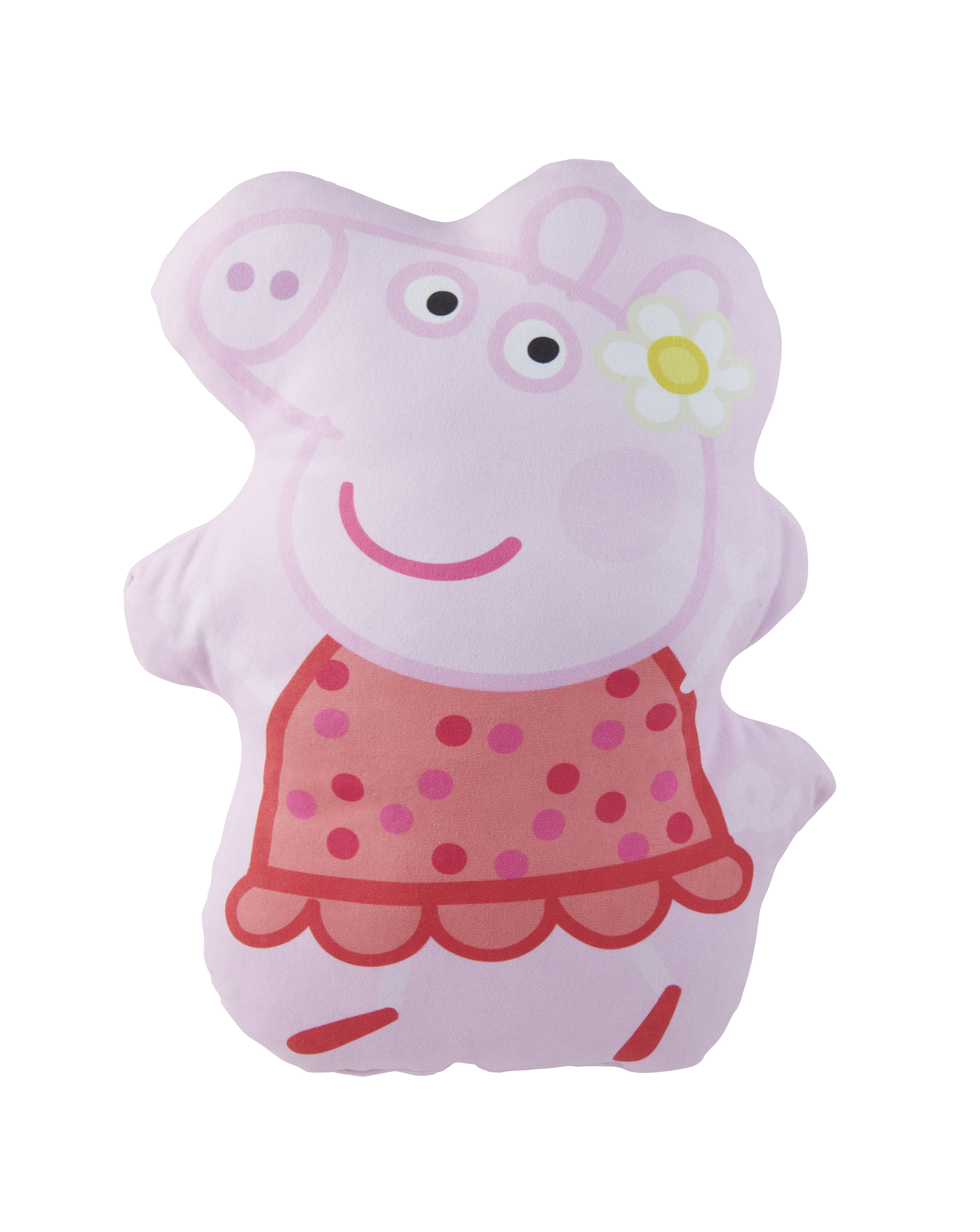 Ein Peppa Wutz Plüschtier. Es ist rosa, mit einem roten Kleid. Es hat eine Blume und ein lächelndes Gesicht.