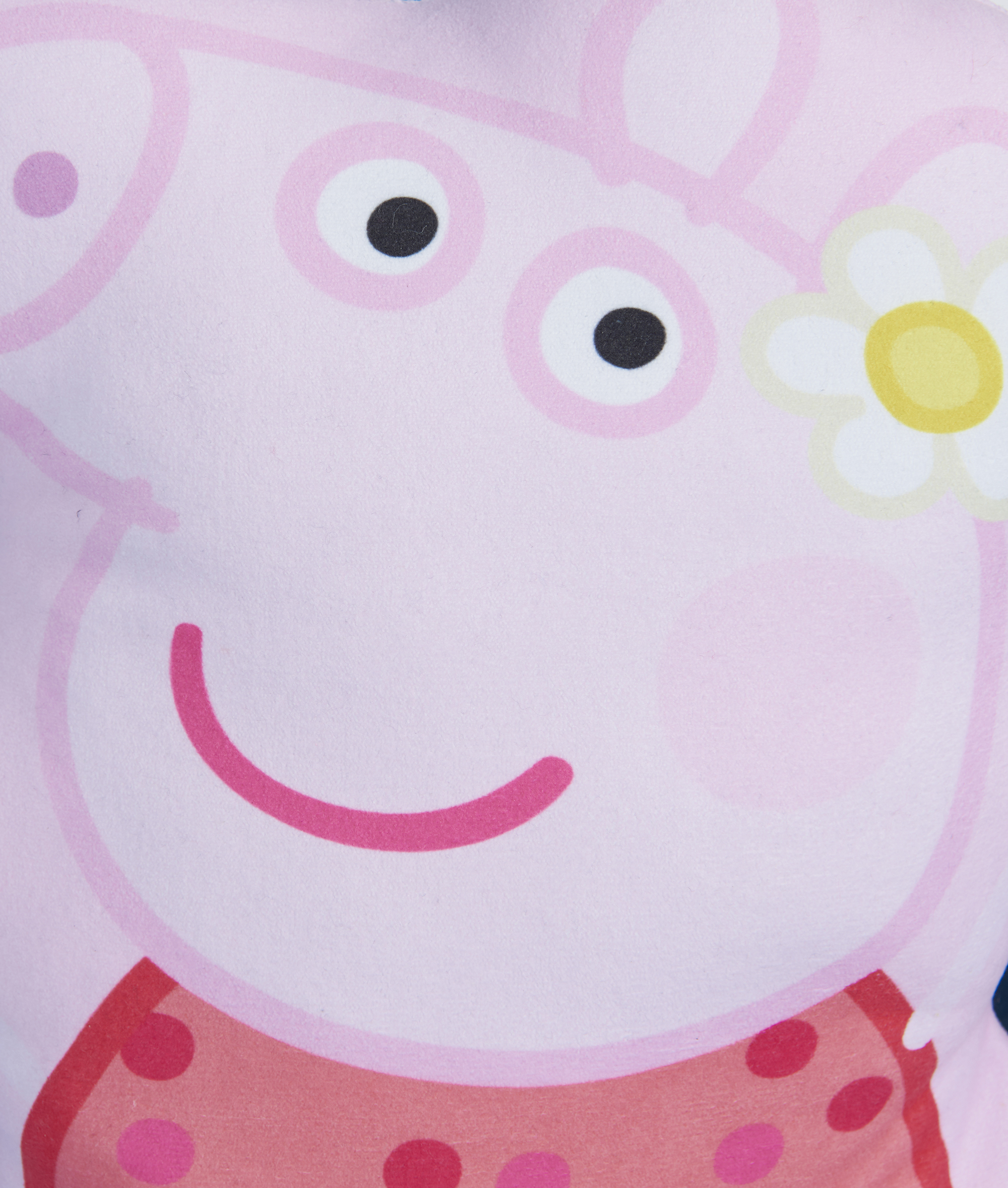 Nahaufnahme eines rosa Schweinegesichts. Es hat schwarze Augen, ein rotes Lächeln und eine Gänseblümchen auf dem Kopf. Es lächelt.