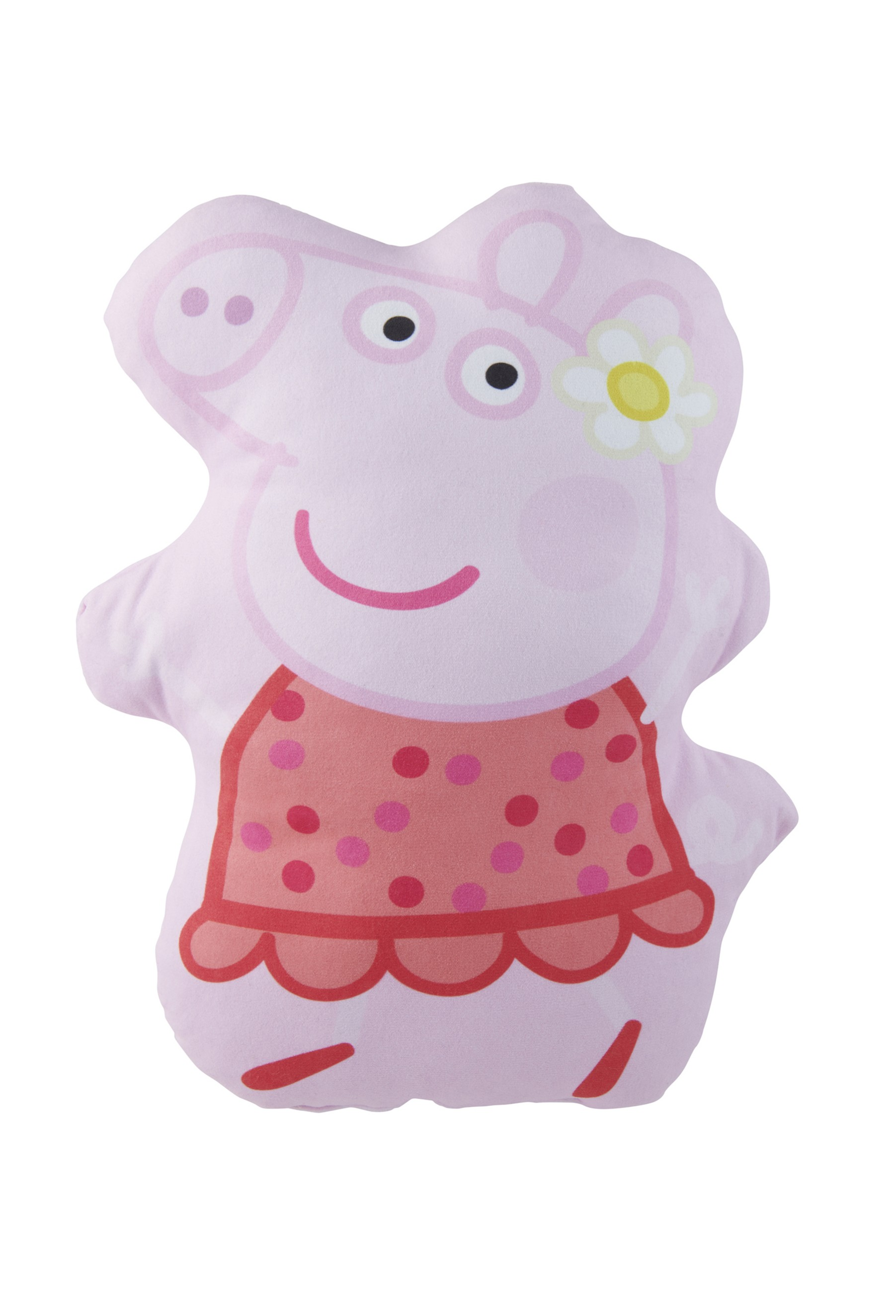 Ein Peppa Wutz Kissen. Es ist rosa mit einem roten Kleid. Es hat ein lächelndes Gesicht und eine Blume.