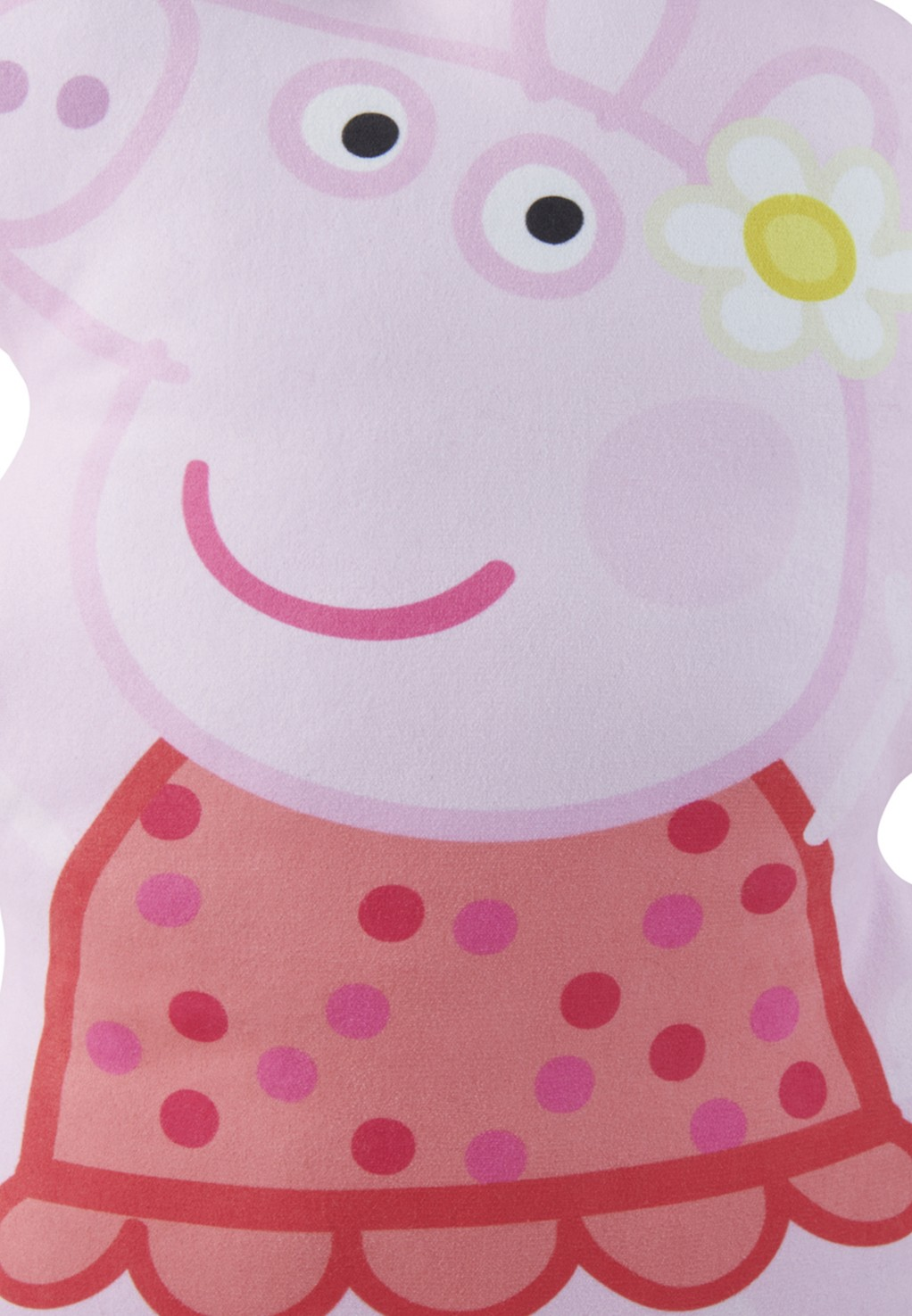 Nahaufnahme eines rosa Peppa Wutz Kissens. Sie hat eine Blume und ein rotes Kleid mit rosa Punkten. Rosa Hintergrund.