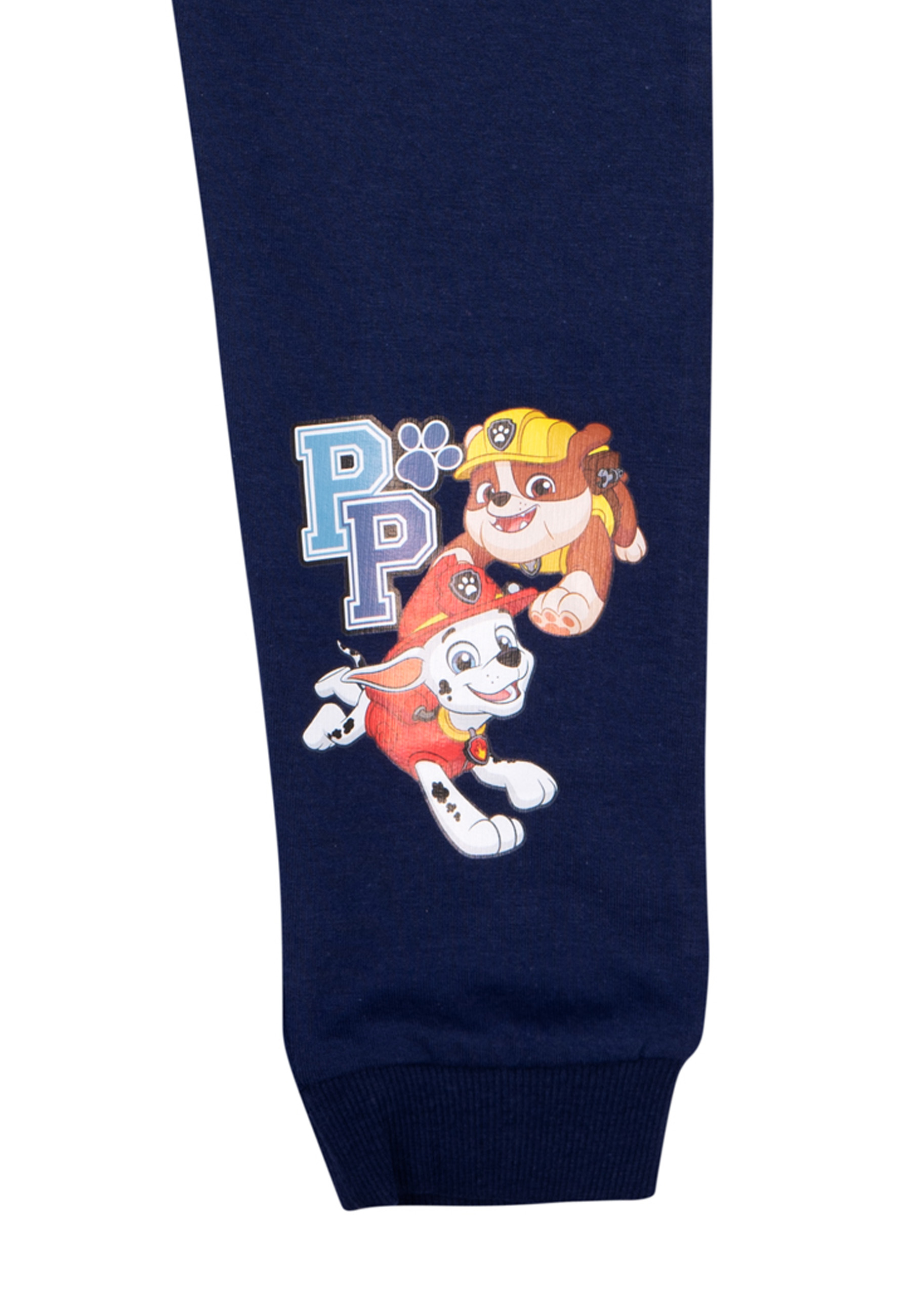 Dunkelblaue Hose mit Paw Patrol-Grafik. Marshall und Chase sind zu sehen. Der Text "PP" steht über den Hunden.