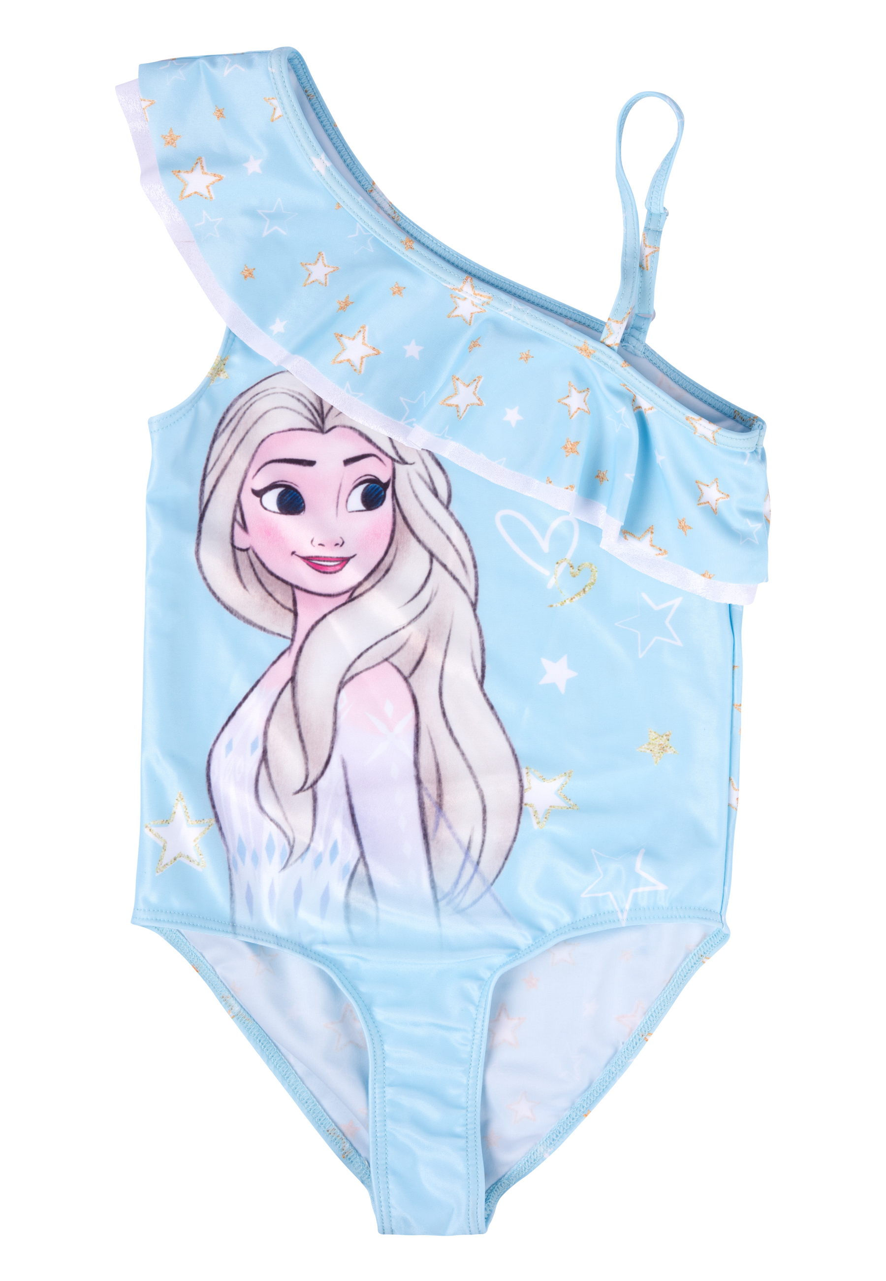 Ein hellblauer Badeanzug mit Elsa aus Frozen. Er hat weiße und goldene Sternmuster und eine Rüsche an der Schulter.