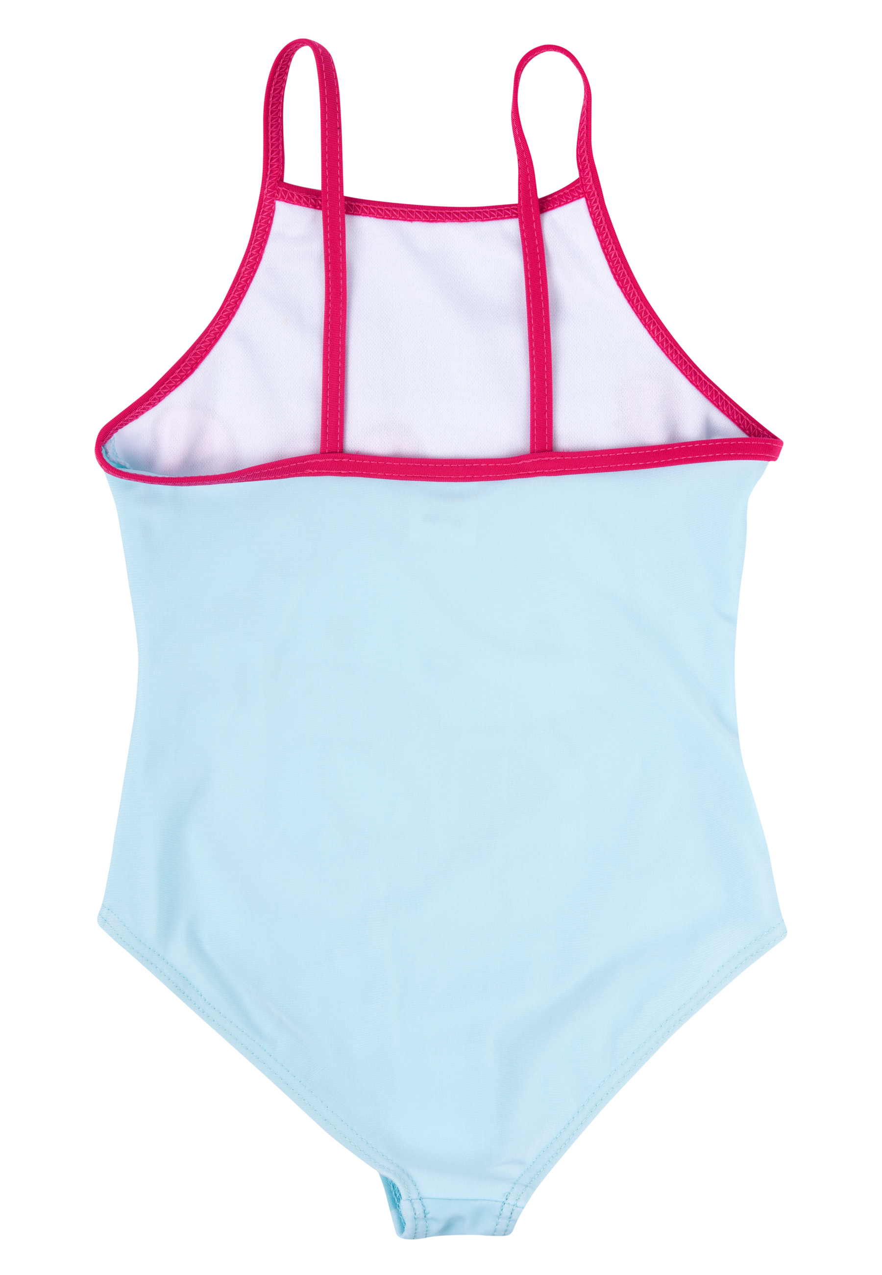 Ein hellblauer Badeanzug mit rosa Besatz und Trägern. Die Rückseite ist sichtbar.
