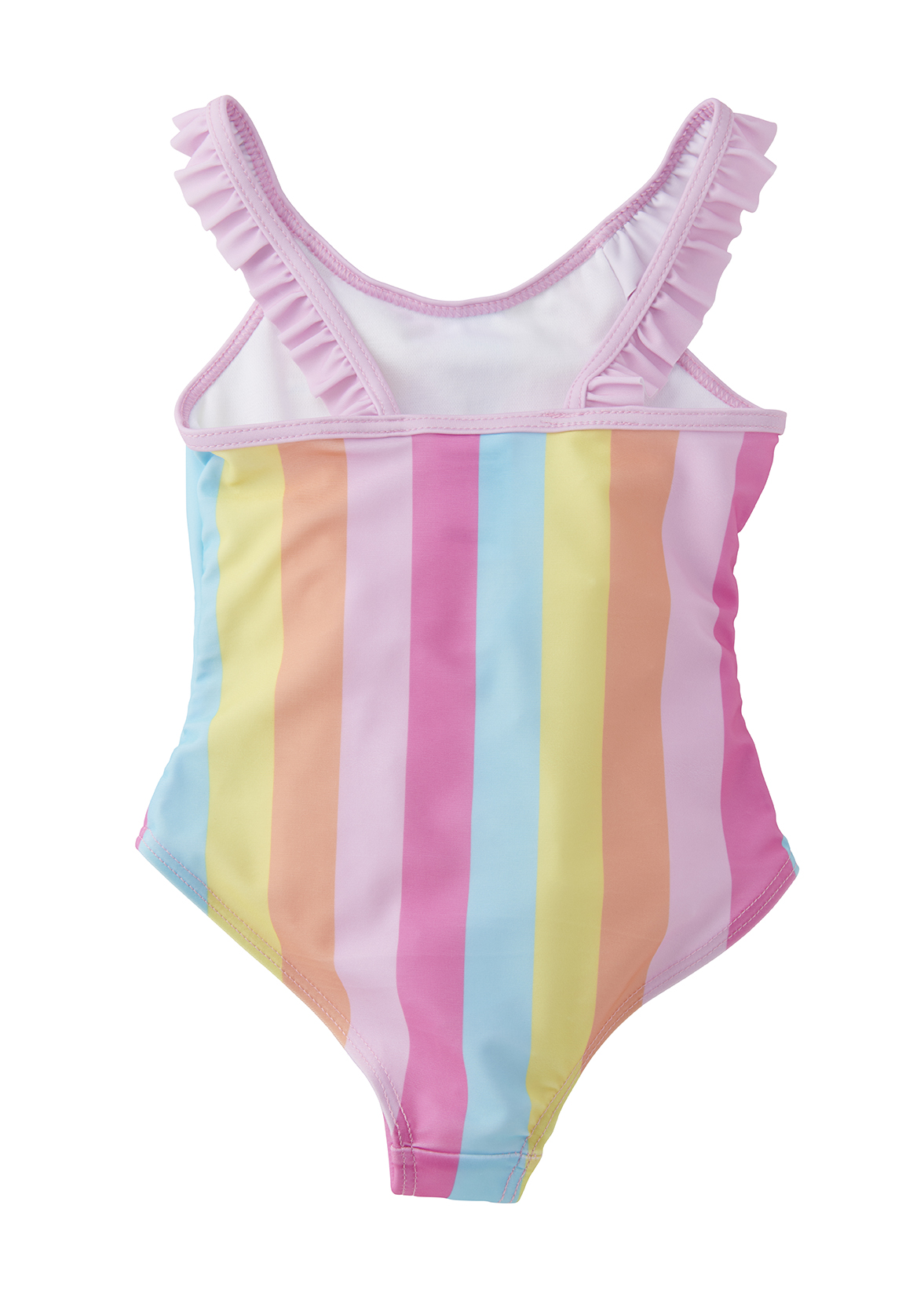 Ein bunt gestreifter Badeanzug mit rosa Rüschen. Die Streifen sind rosa, gelb, orange und blau.