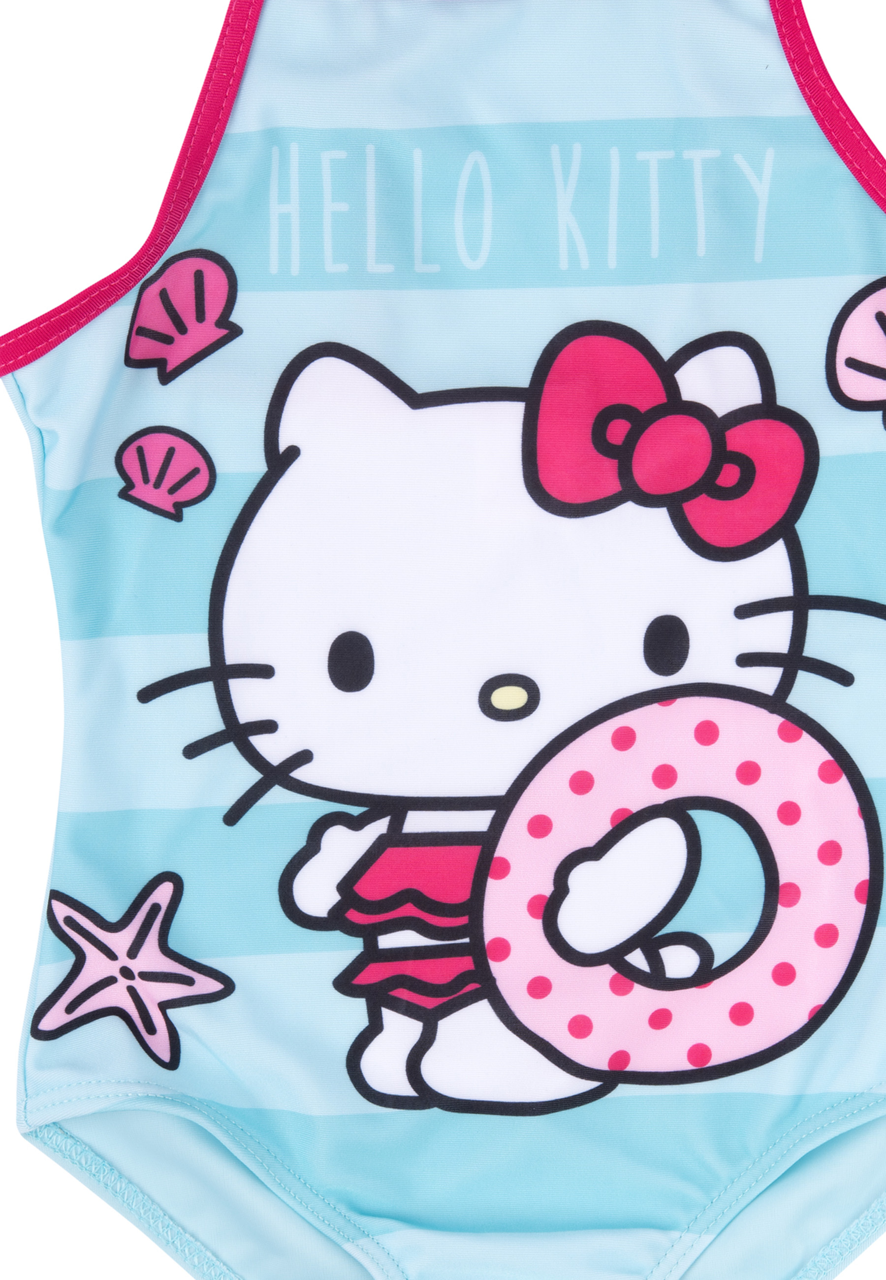 Ein Hello Kitty-Badeanzug. Er hat Hello Kittys Gesicht und eine rosa Schleife, einen Schwimmring und Muscheln auf blauem Grund.