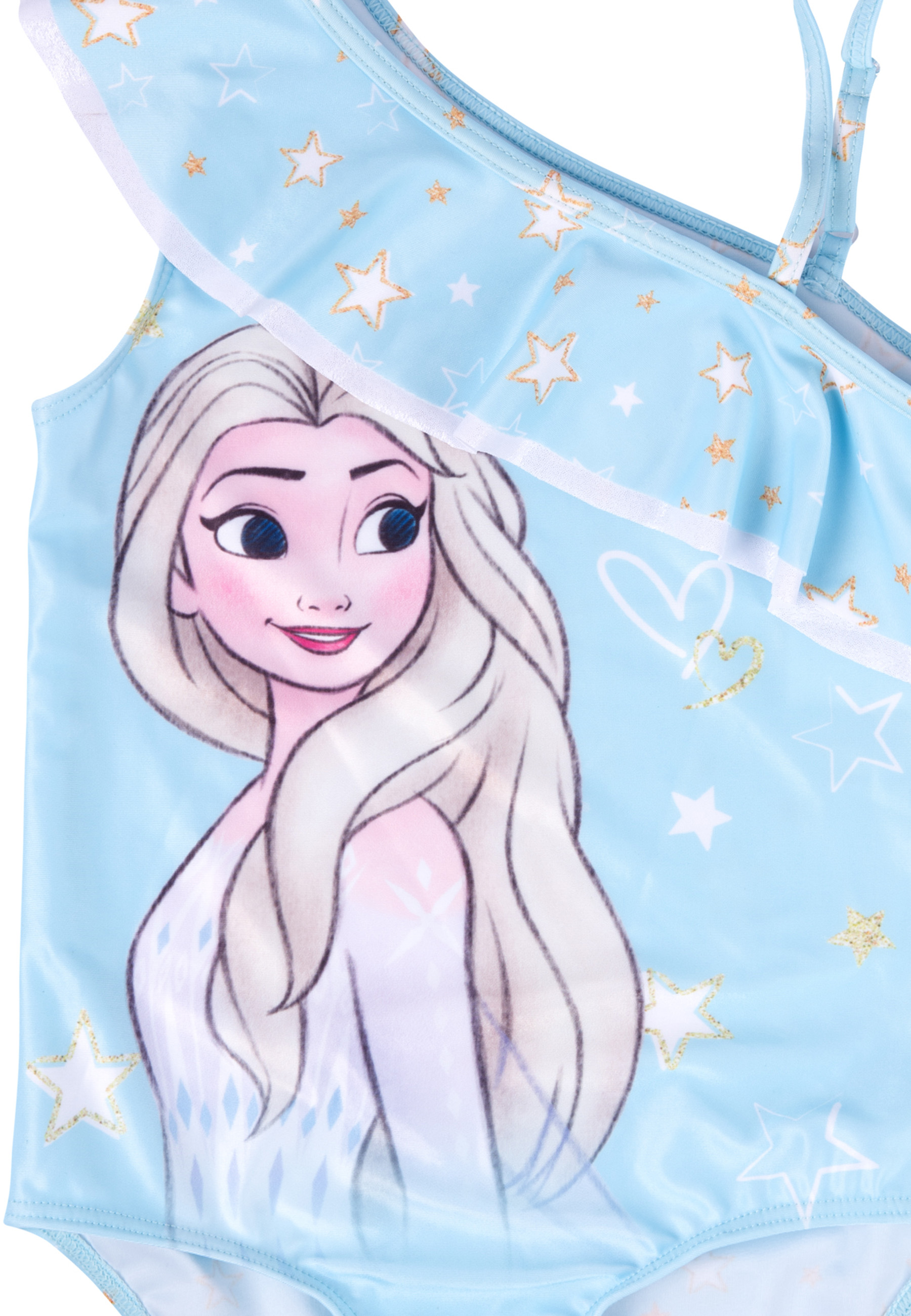 Hellblauer Badeanzug mit Elsa aus Frozen, mit Sternen und Rüschendetail.