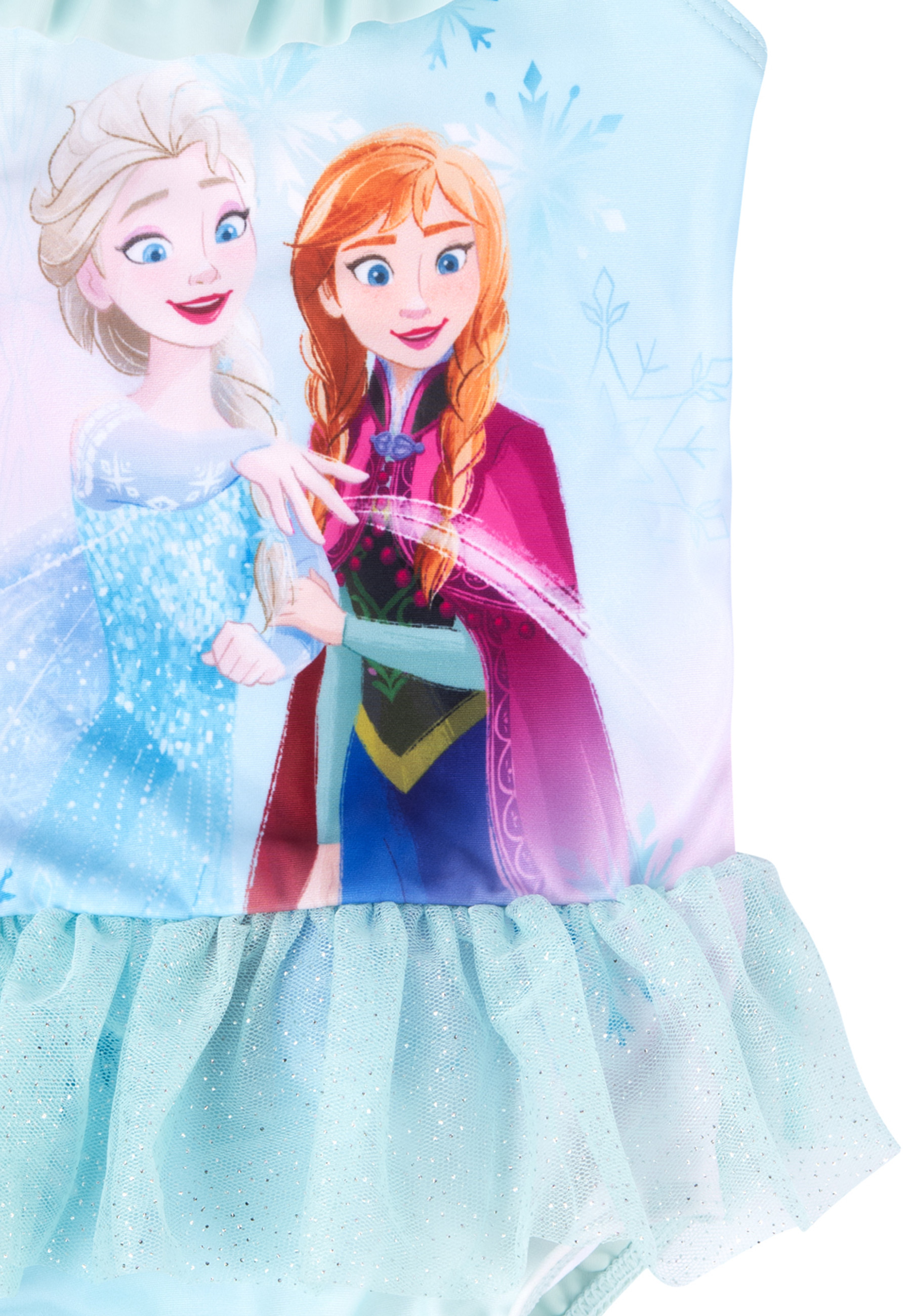 Badeanzug mit Elsa und Anna aus Frozen. Hellblauer Grund, blaue Rüsche, weißer Hintergrund.
