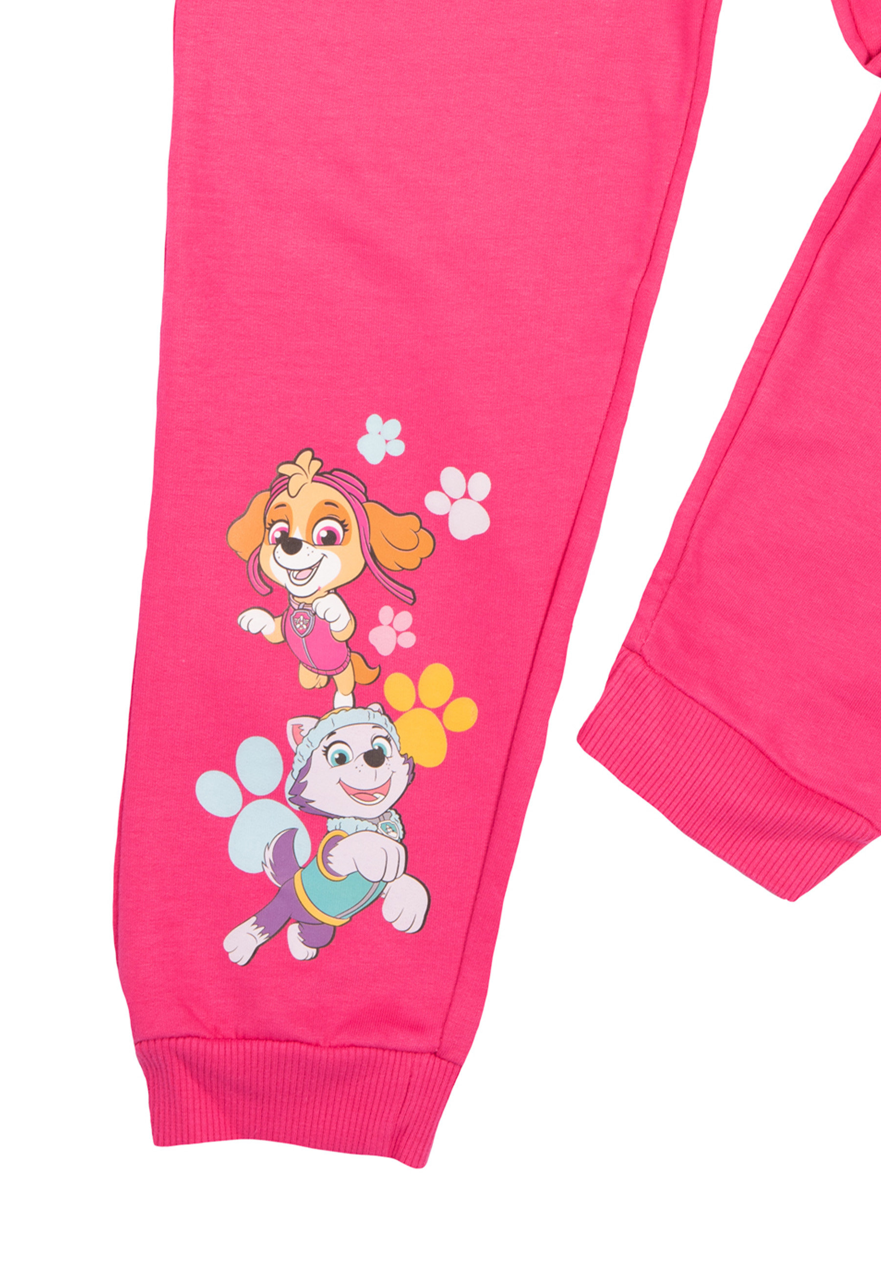 Rosa Hose mit Paw Patrol-Figuren Skye und Everest. Weißer Hintergrund.