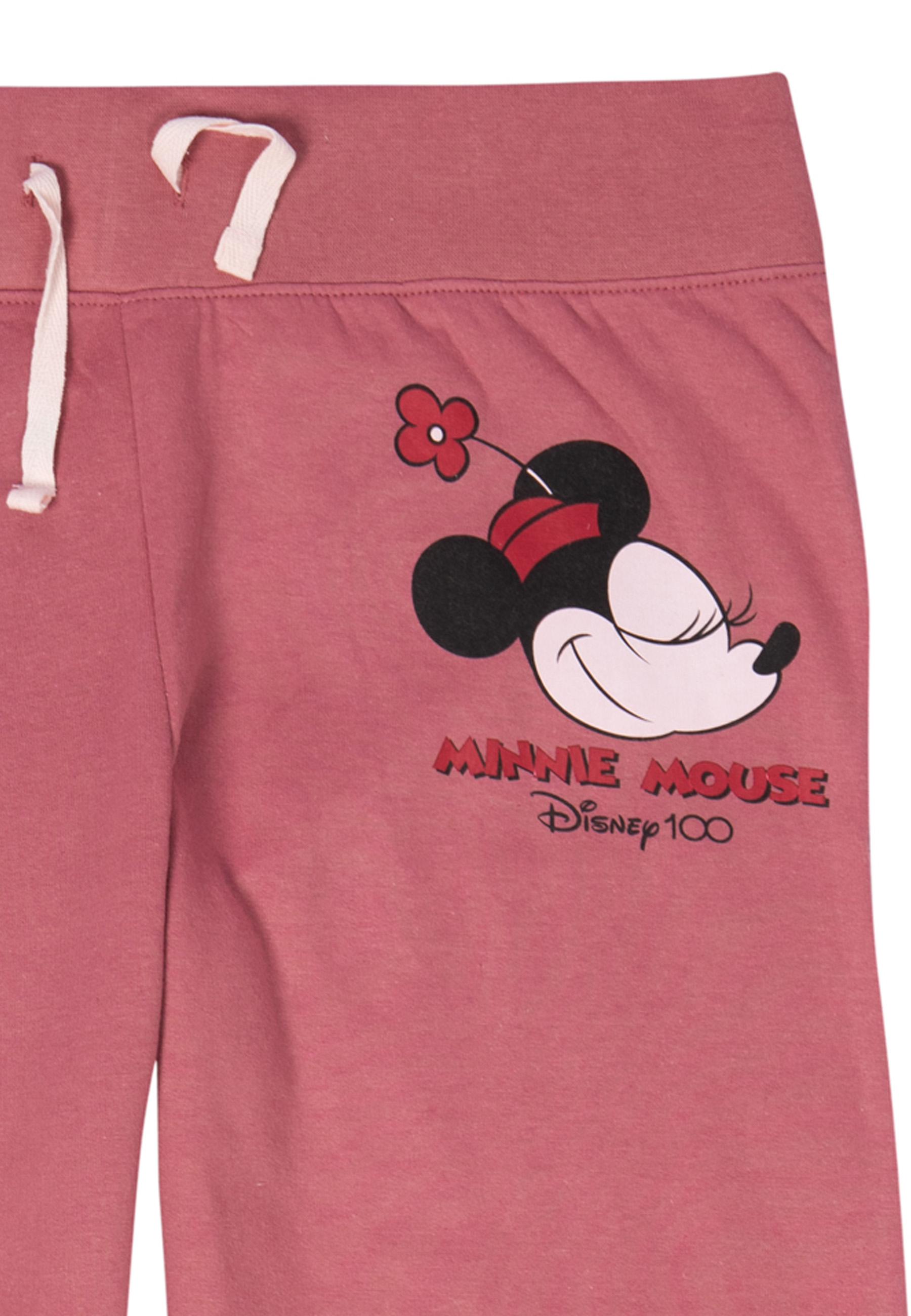 Rosa Hose mit Minnie-Maus-Grafik. Der Kordelzug ist weiß. Das Logo lautet Minnie Mouse Disney 100.