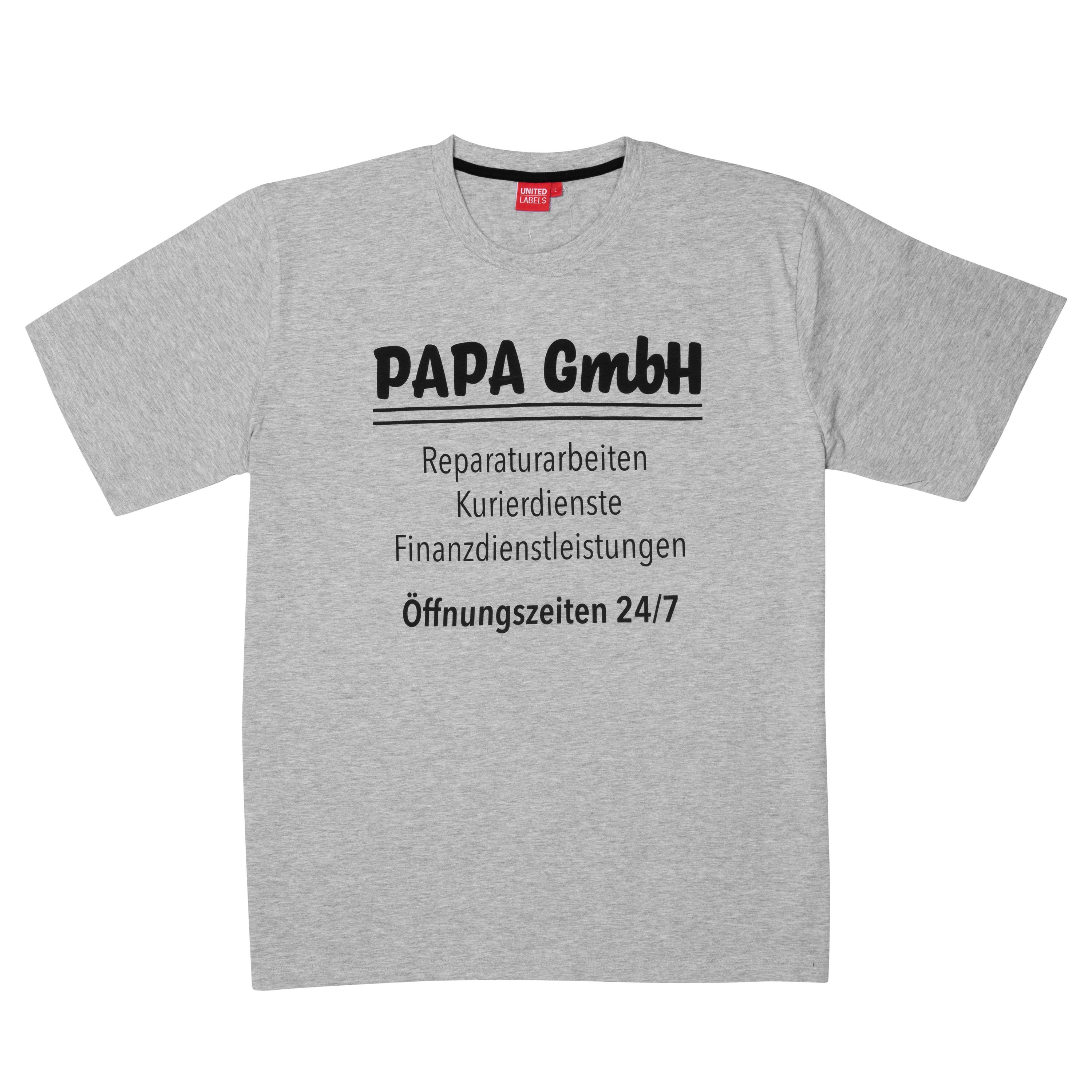Graues T-Shirt mit schwarzem Text "PAPA GmbH" und Serviceangaben. Oben ist ein rotes Etikett.