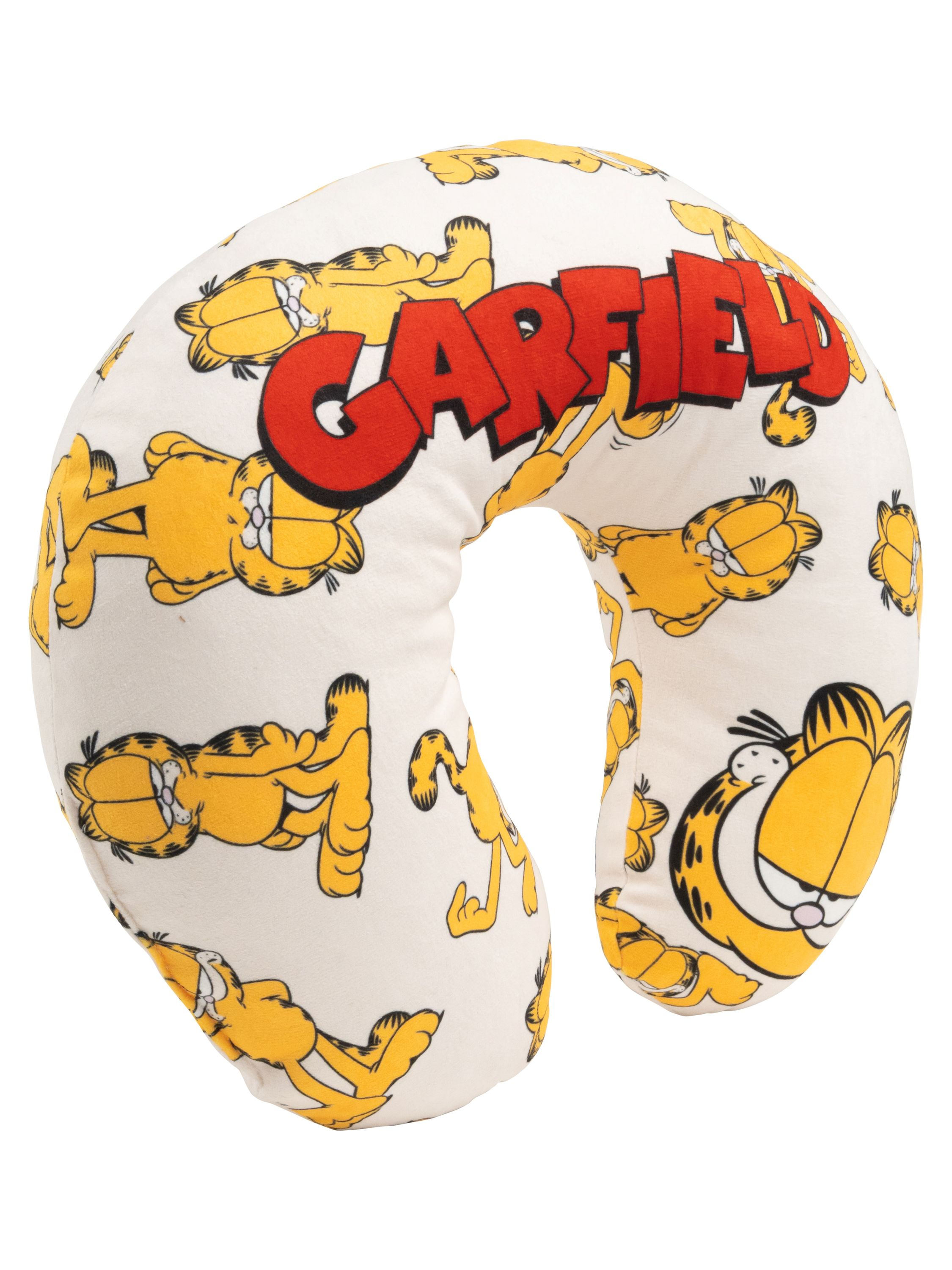 Ein weißes Nackenkissen mit Garfield-Cartoons und rotem Garfield-Text.