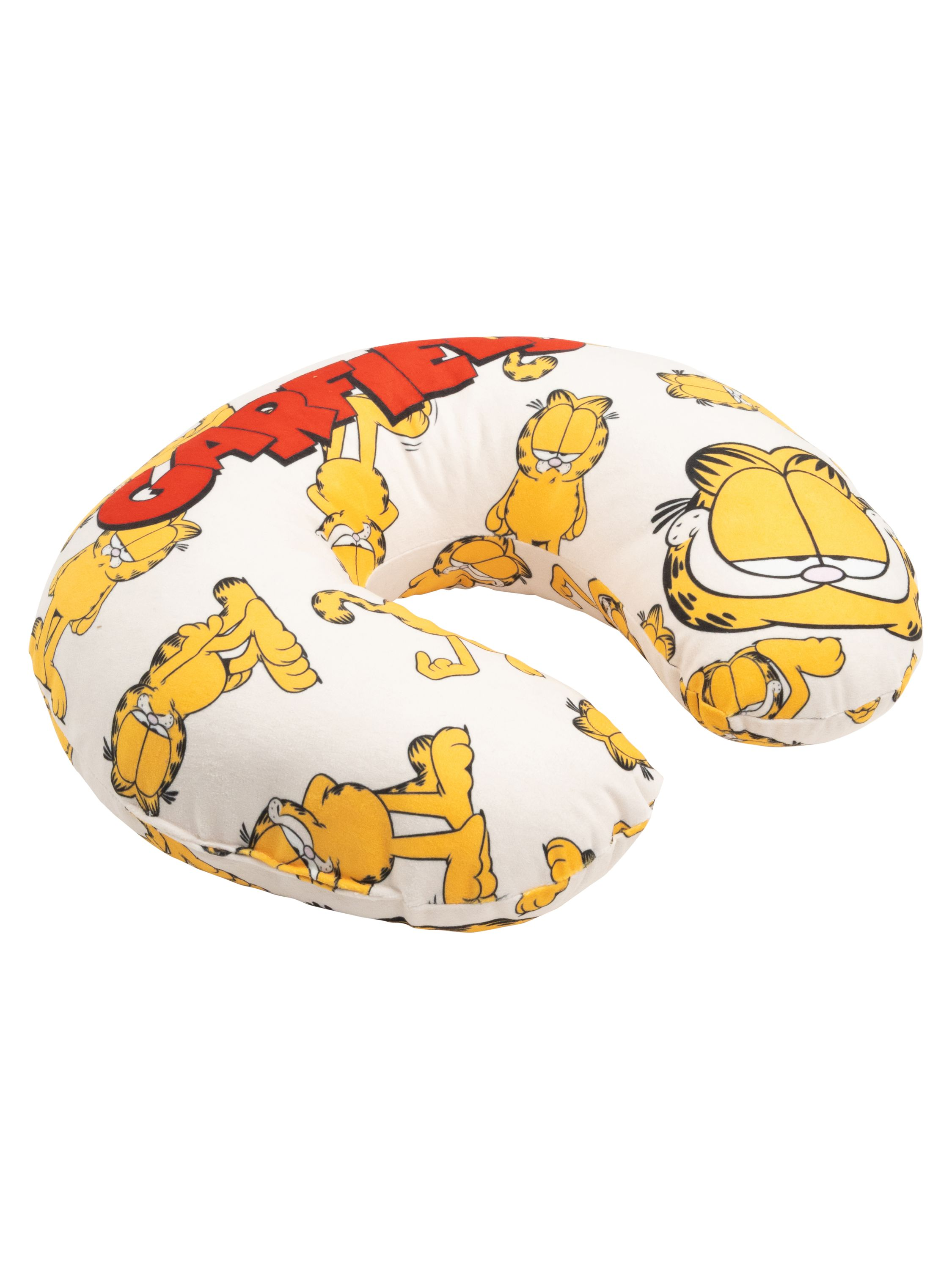 Ein U-förmiges Nackenkissen mit Garfield-Cartoons. Es zeigt Garfields Gesicht und Namen in Rot auf weißem Hintergrund.