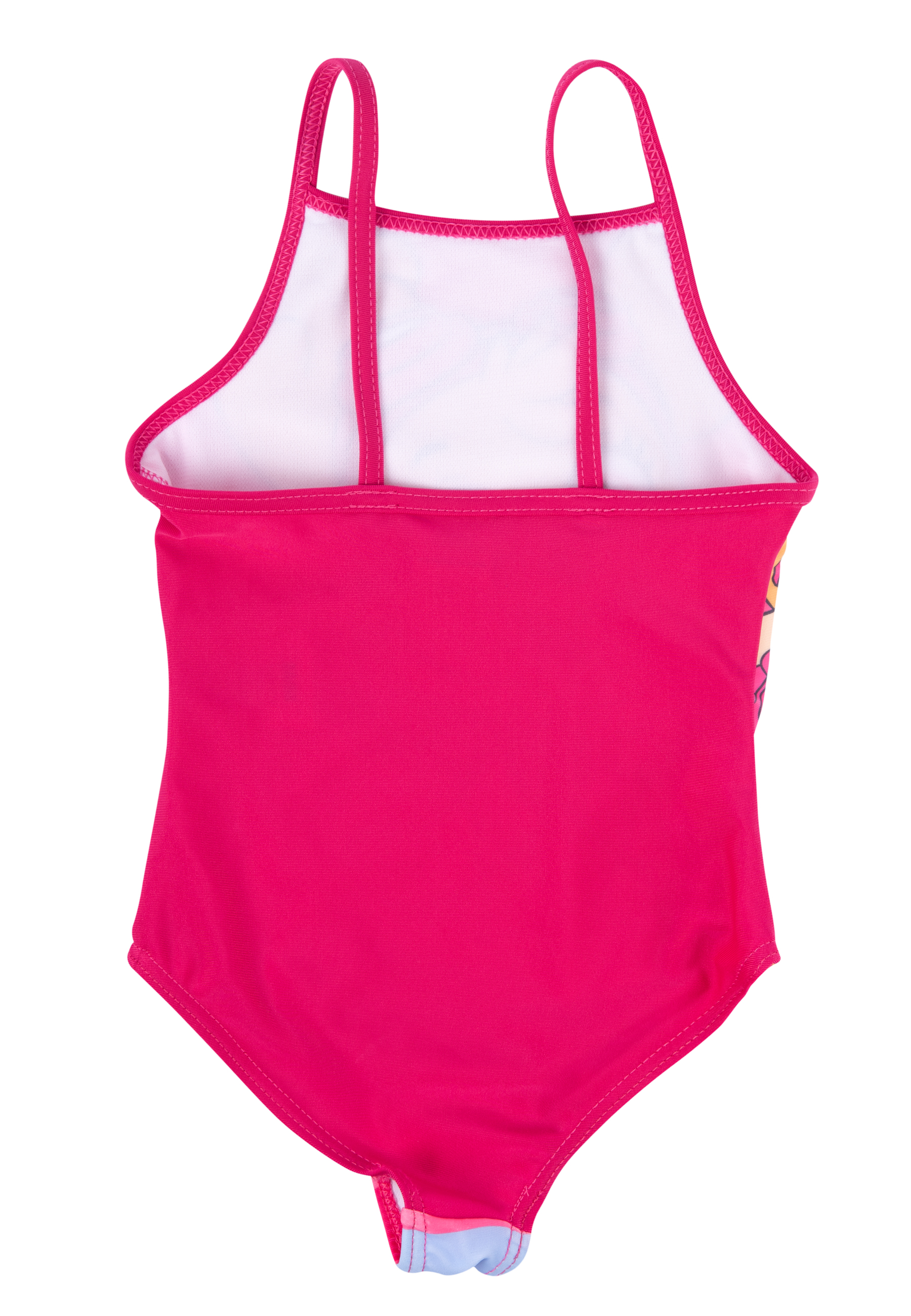 Rückseite eines pinkfarbenen Badeanzugs mit weißem Futter und Trägern. Der Boden hat ein blaues und rosa Muster.