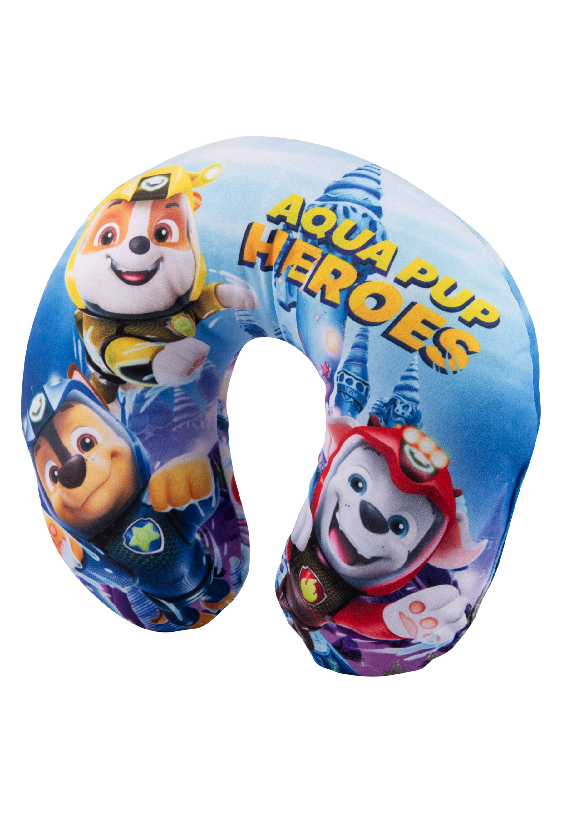 Blaues U-förmiges Nackenkissen mit Paw Patrol-Charakteren. Der Text 'Aqua Pup Heroes' ist sichtbar.