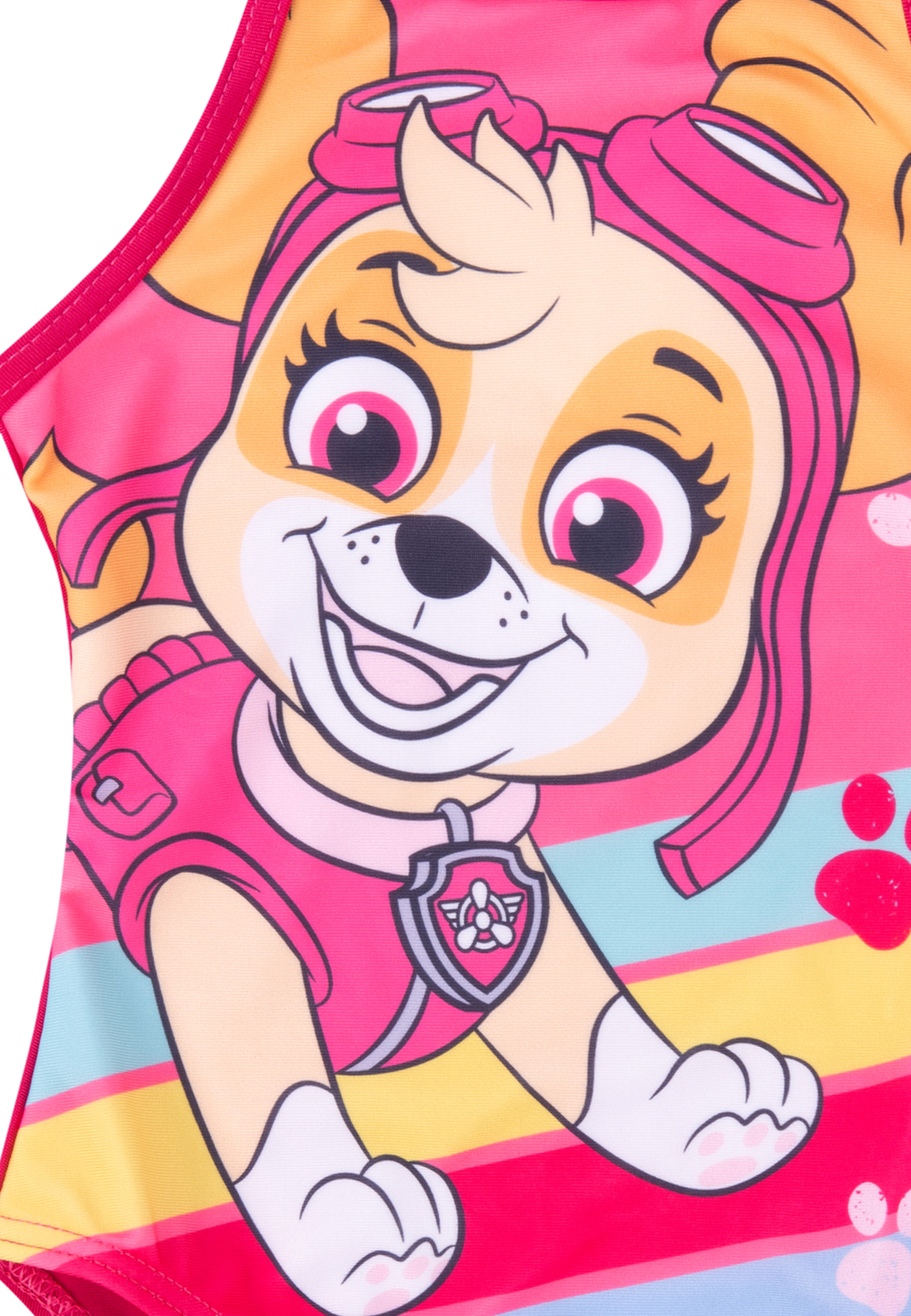 Ein Badeanzug mit Skye von Paw Patrol. Rosa, gelbe und blaue Streifen. Skys Gesicht ist vorne.