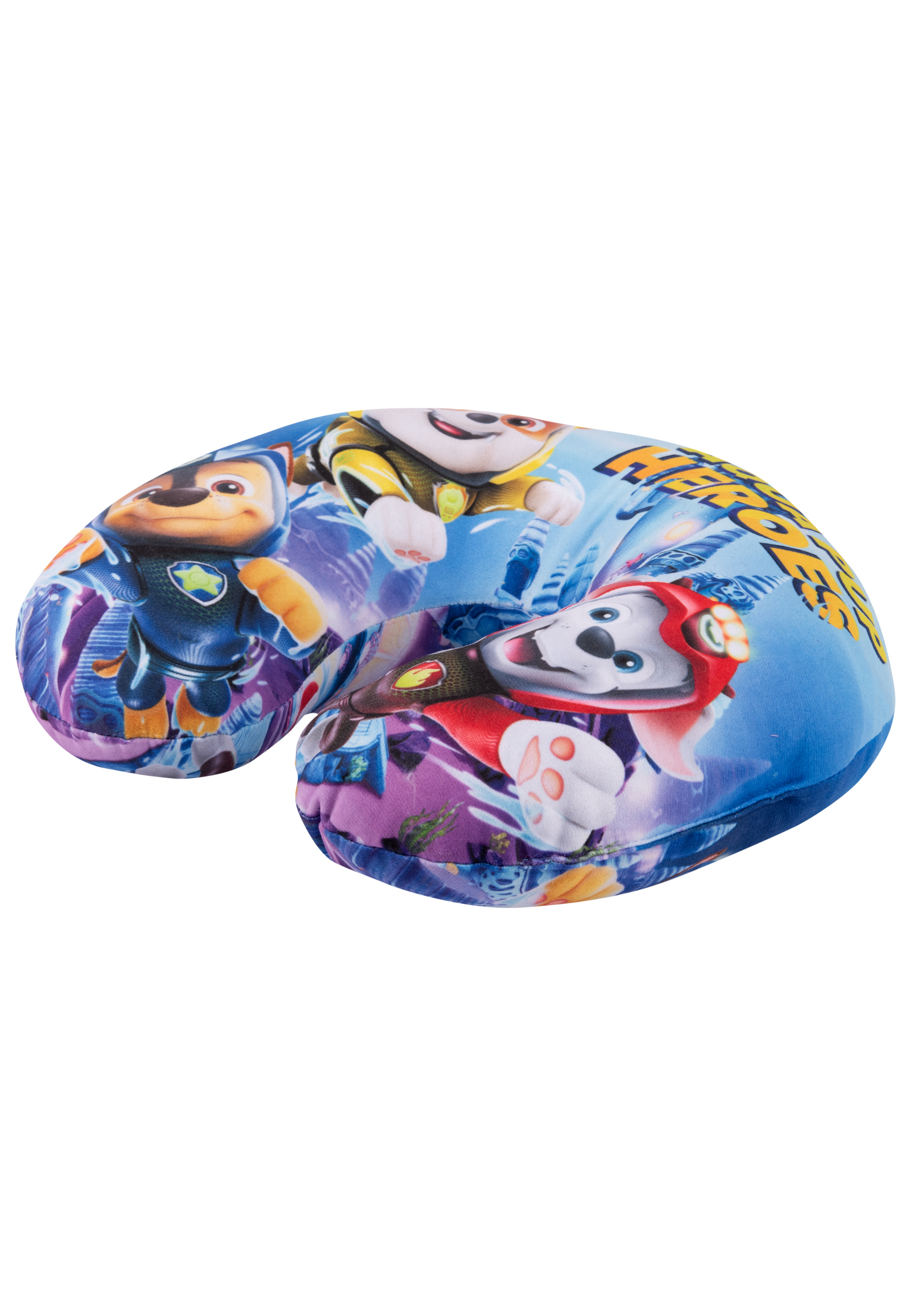 Ein blaues Paw Patrol Nackenkissen mit Zeichentrickfiguren. Es ist hufeisenförmig.