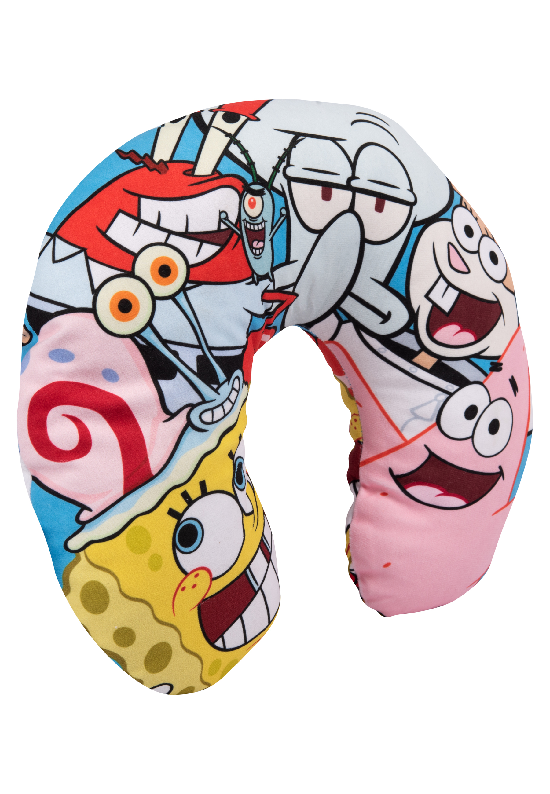 Ein SpongeBob-Nackenkissen mit Zeichentrickfiguren wie SpongeBob, Patrick, Thaddäus und Mr. Krabs.