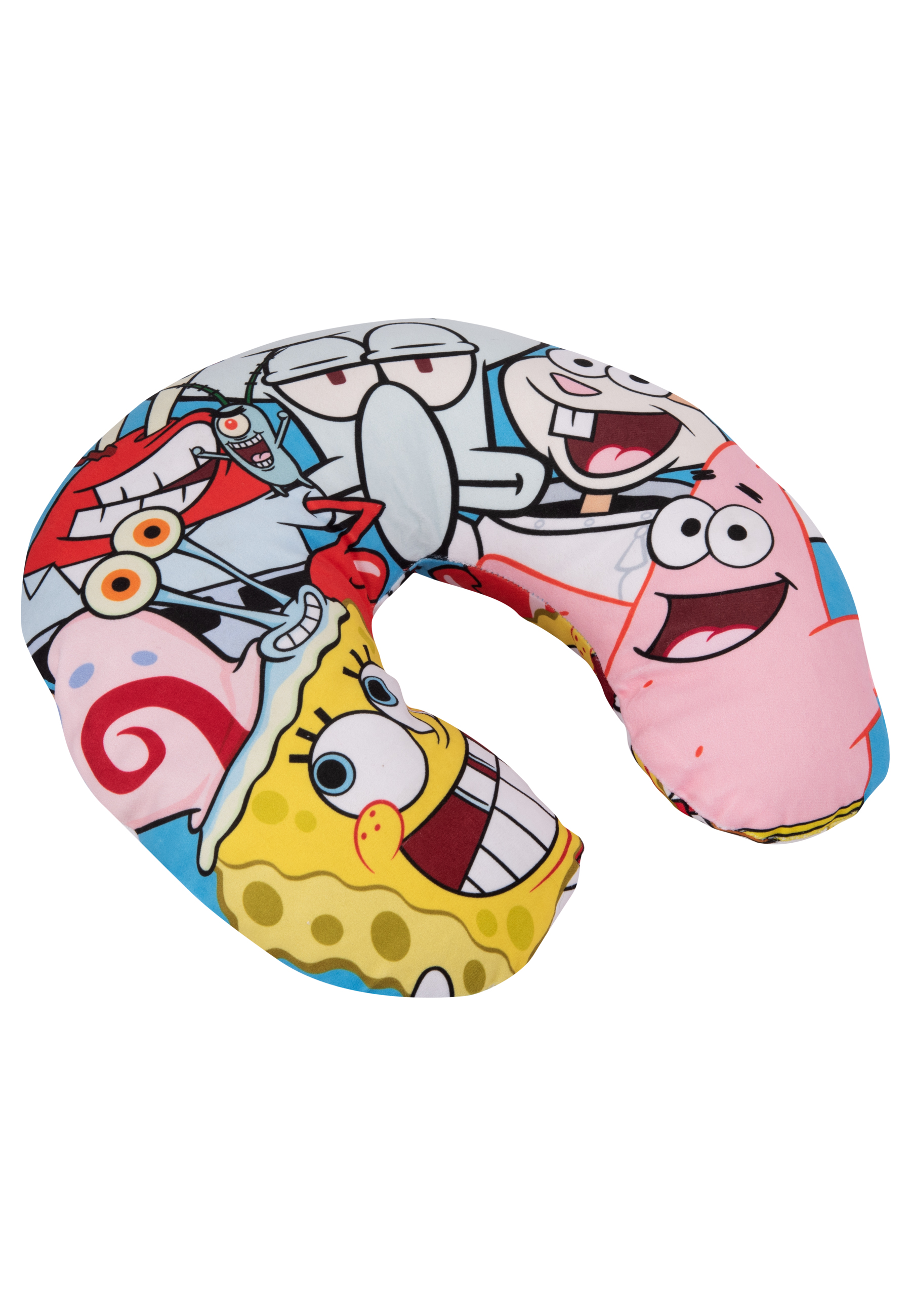 Ein U-förmiges Nackenkissen mit Cartoonfiguren. SpongeBob, Patrick und andere sind darauf. Helle Farben werden verwendet.