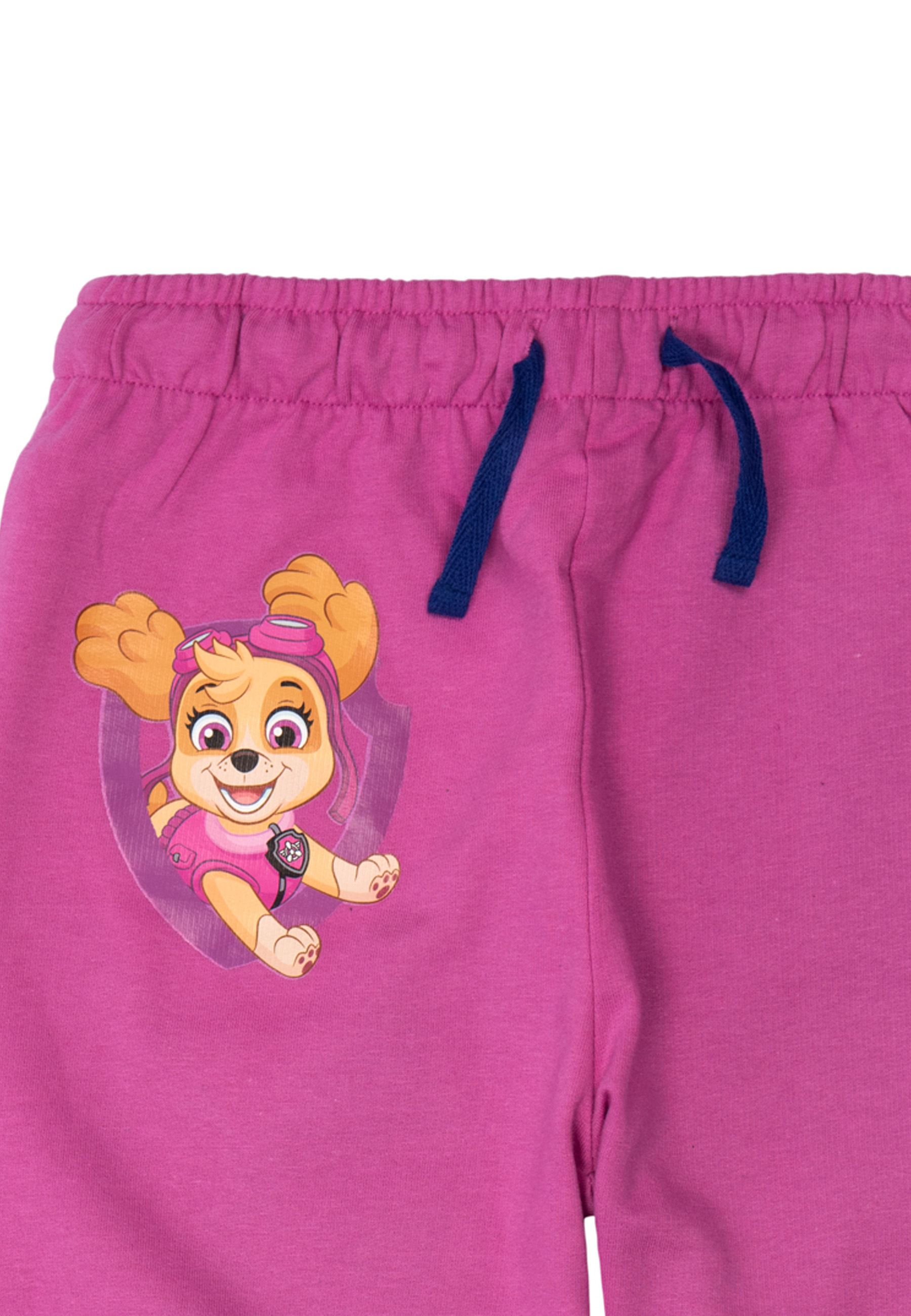 Pinke Shorts mit Skye von Paw Patrol. Blauer Kordelzug und Charakterbild auf dem linken Bein.