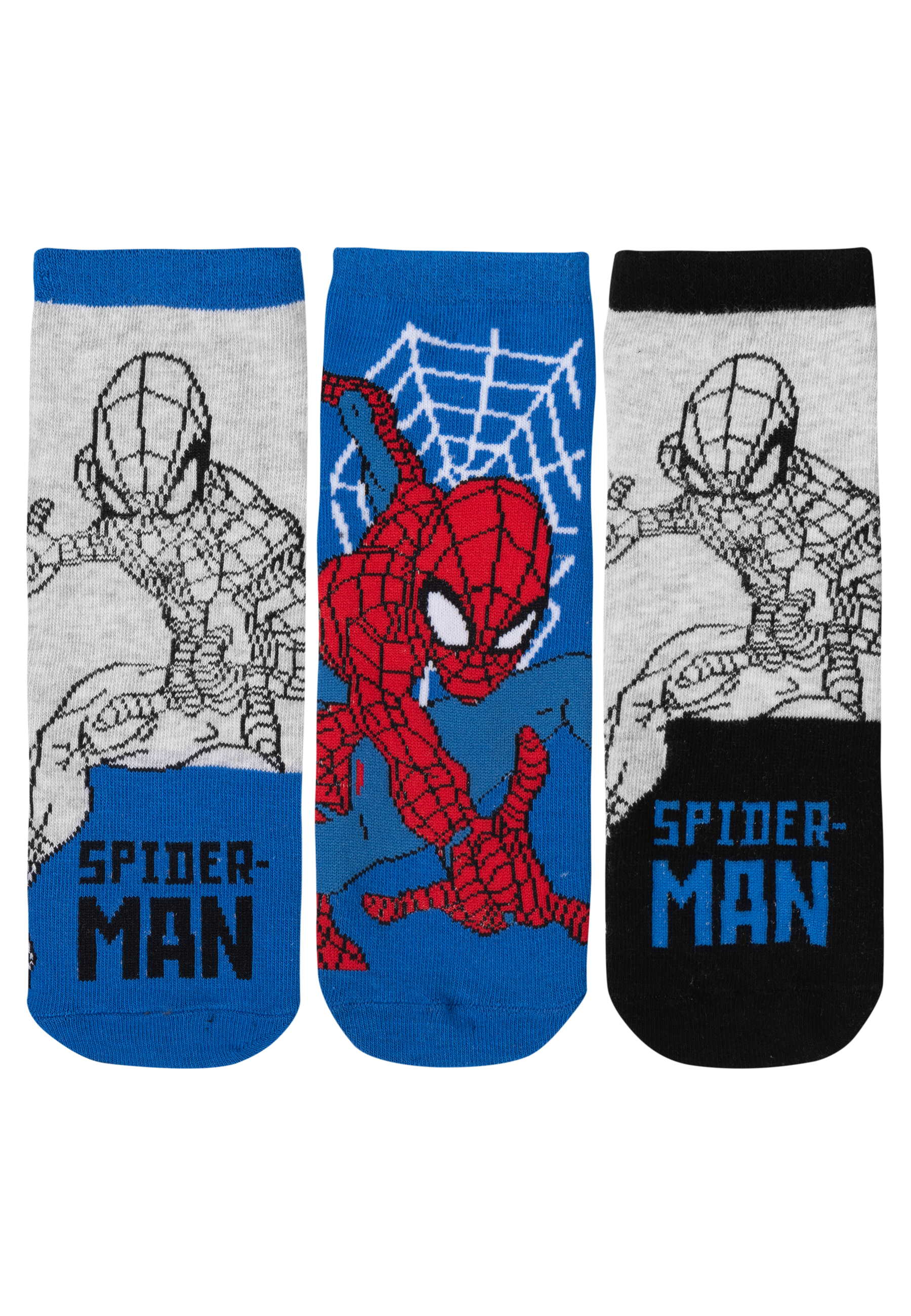 Drei Socken mit Spider-Man-Designs. Blaue, graue und schwarze Socken mit Spider-Man-Bildern und Text.