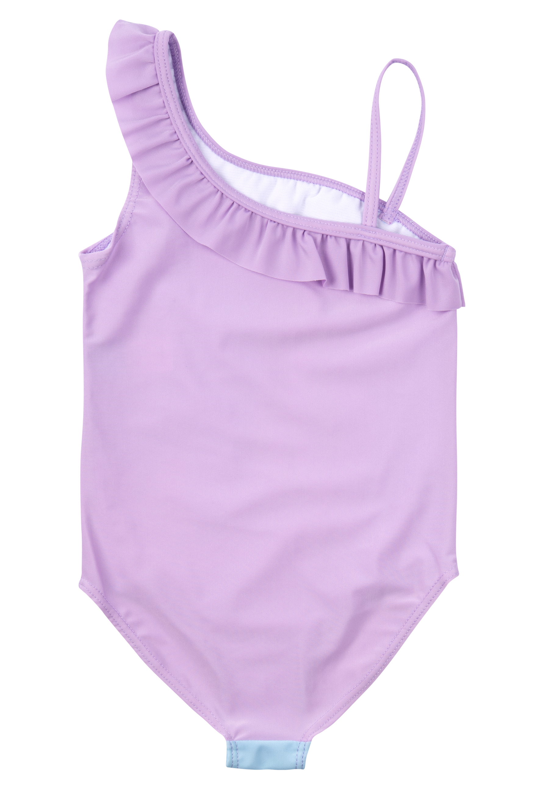 Ein lilafarbener Badeanzug mit Rüschendetail an der Schulter und hellblauem Unterteil.